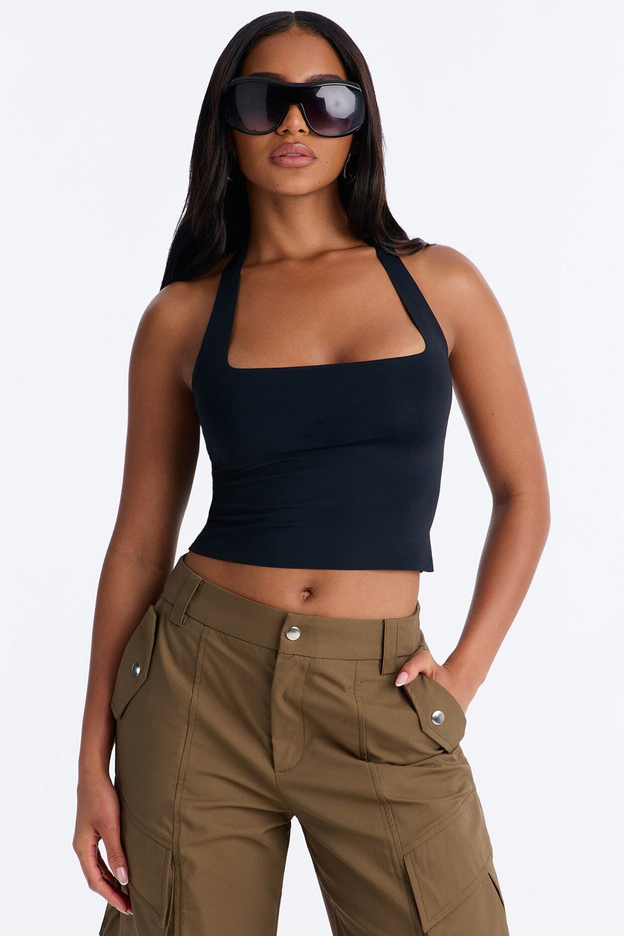 Serena Double Lined Square Neck Seamless Halter Top - Black