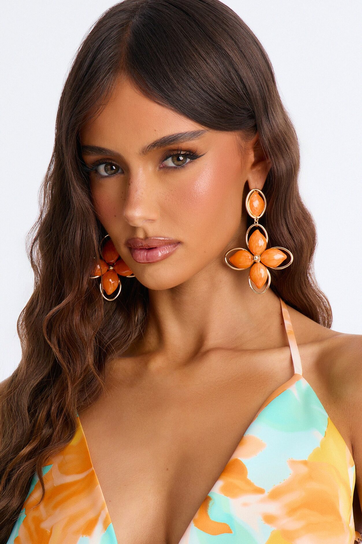 Lotus Bloom Drop Earrings - Gold/Orange
