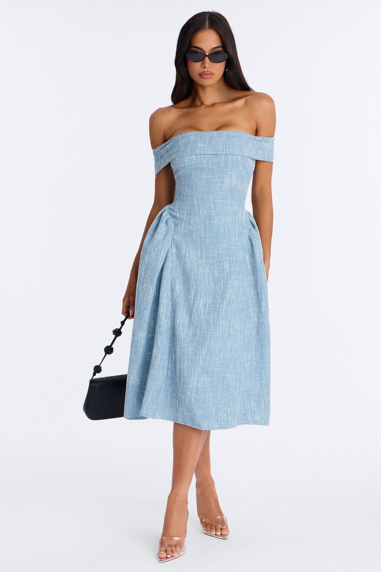 Paisley Off Shoulder Tweed Midi Dress - Denim