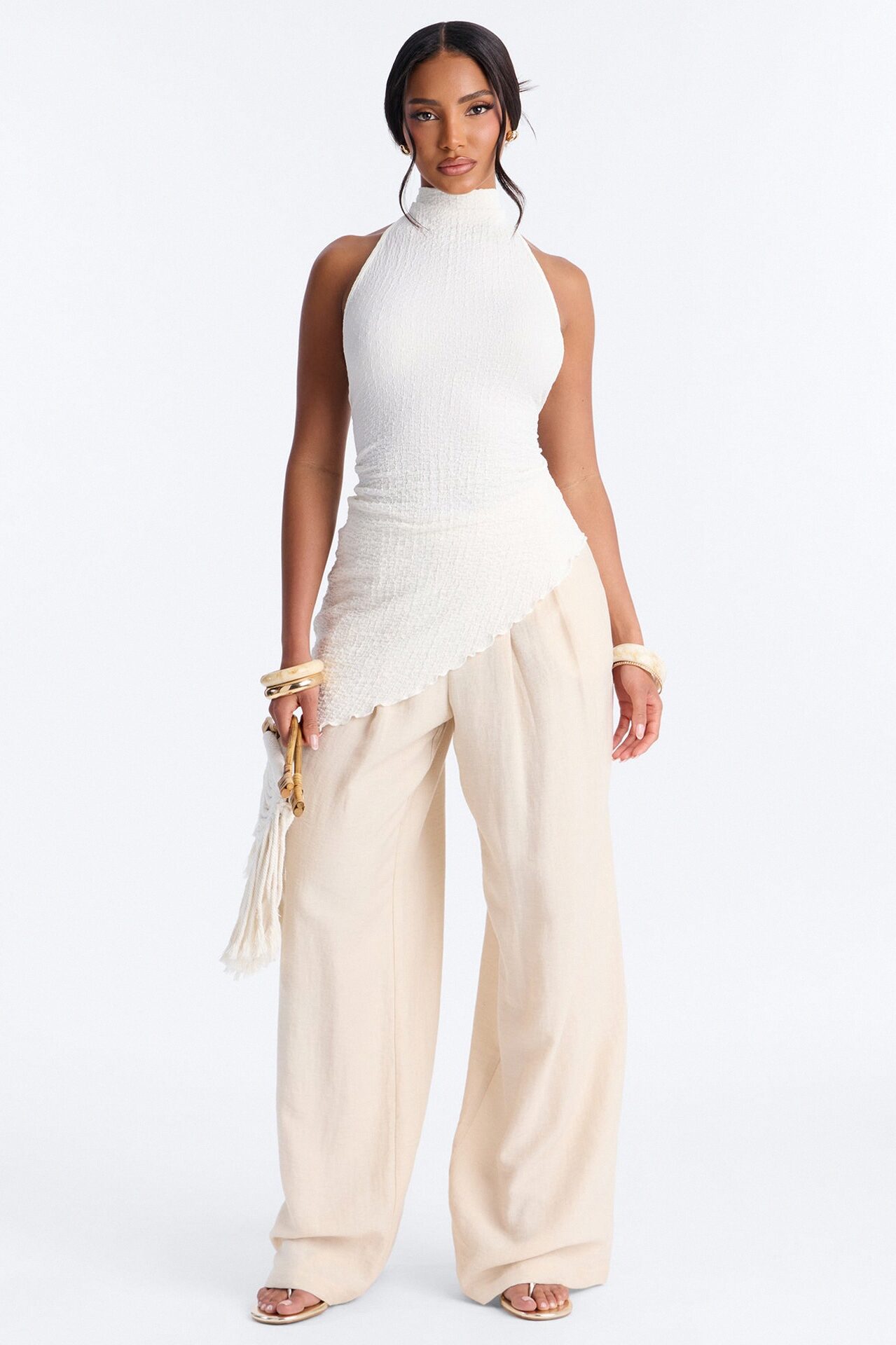 Barbados Textured Asymmetrical Halter Mock Neck Top - Ivory