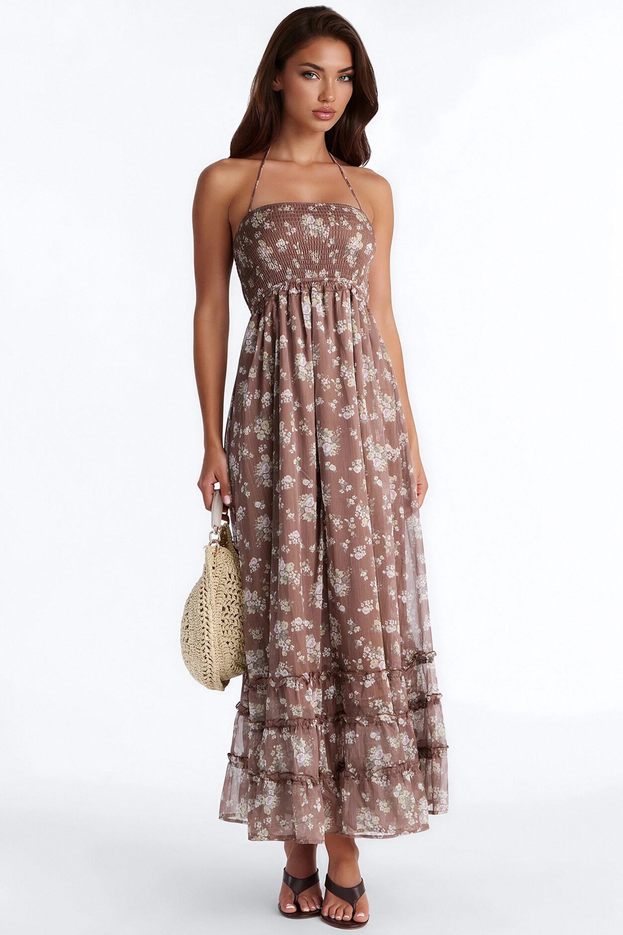 Lilah Floral Backless Maxi Dress - Brown/combo
