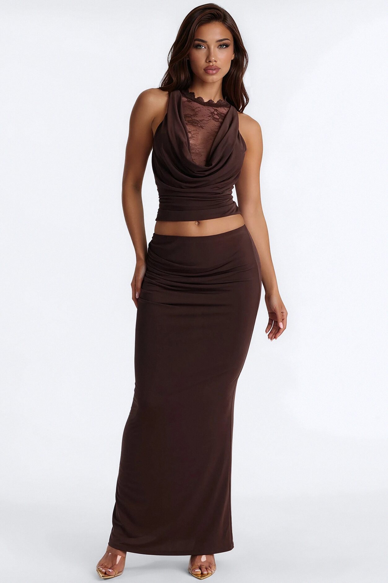 Kyra Cowl Neck Lace Maxi Skirt Set - Chocolate
