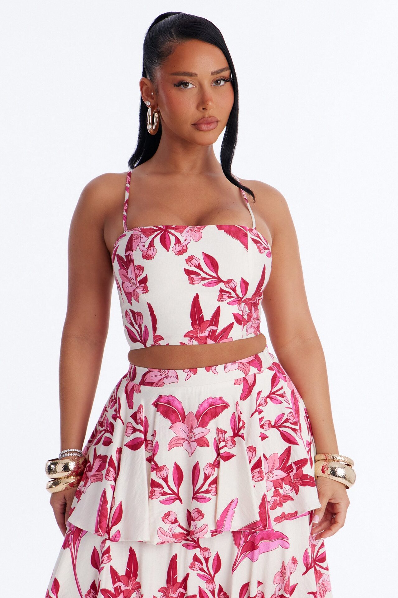 Bellarosa Linen Floral Layered Maxi Skirt Set - Fuchsia