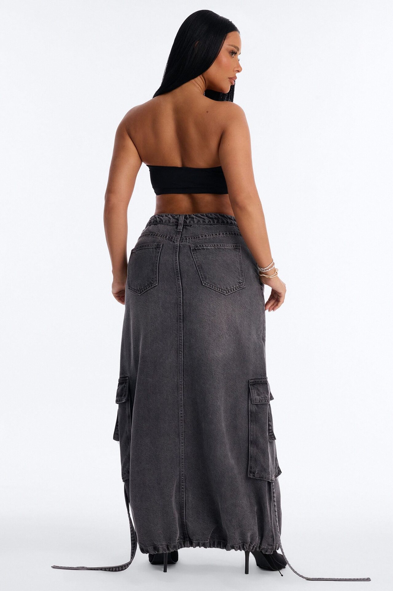 Cool Girl Low Rise Denim Cargo Jogger Maxi Skirt - Charcoal