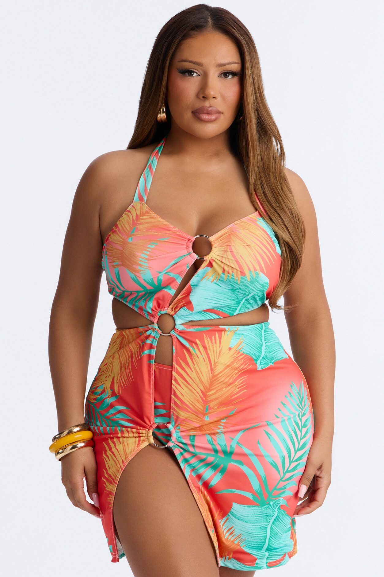 Sunset Sips Swim Cover Up Dress With Attached Bikini Bottom - Multi Color