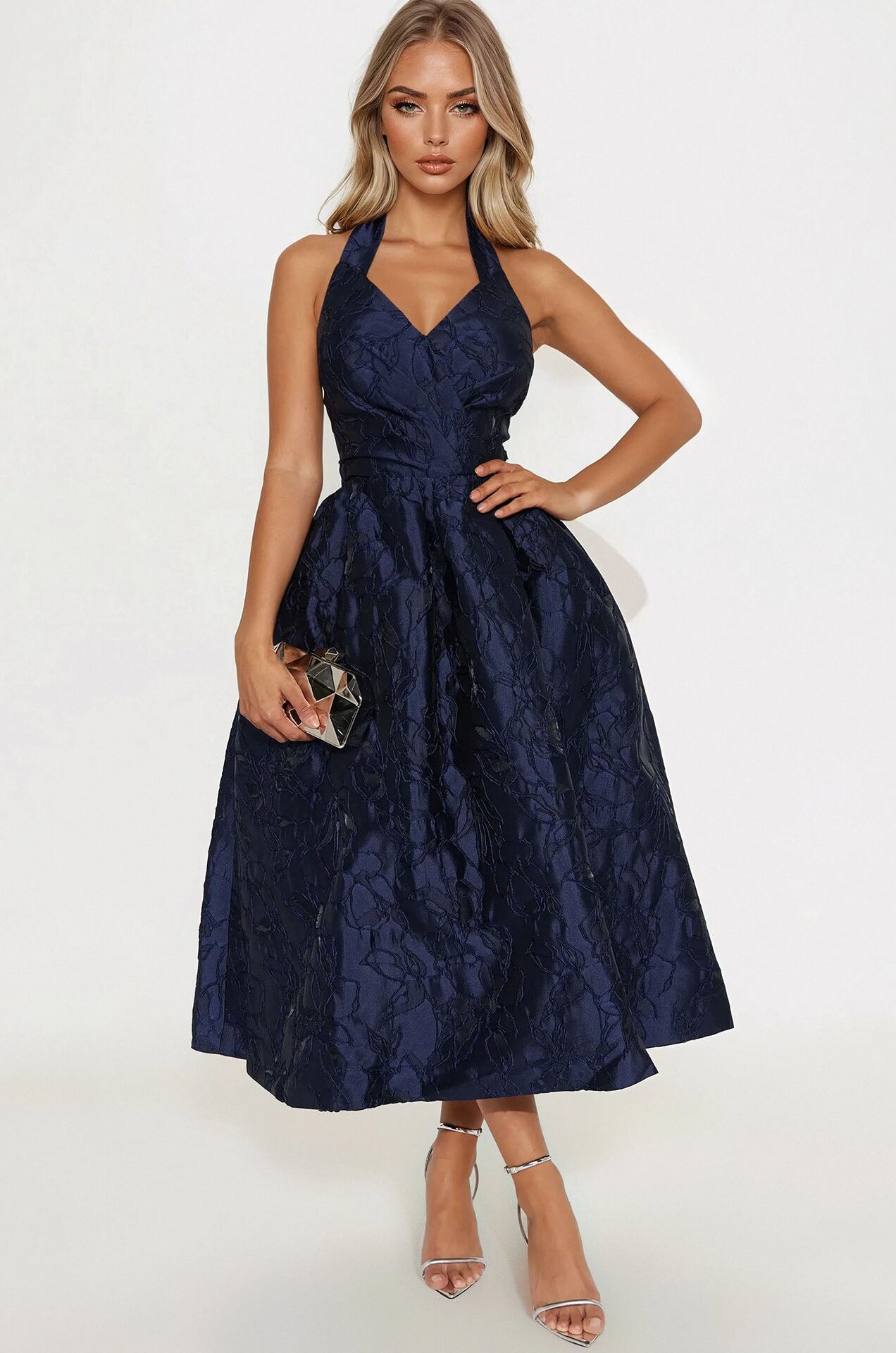 Keep You Enchanted Jacquard Halter Midi Dress - Navy