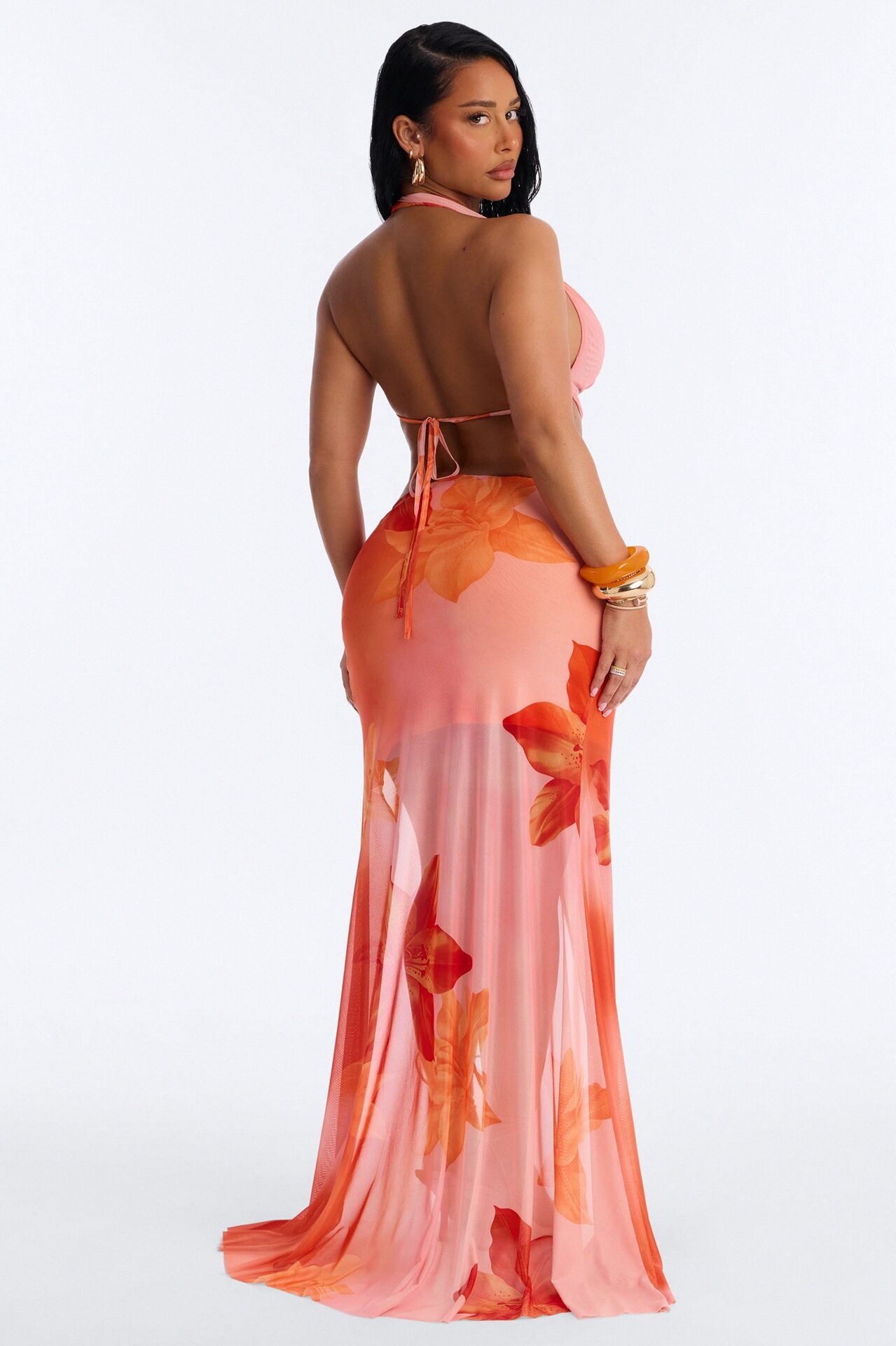 Rochelle Mesh Hardware Halter Maxi Skirt Set - Orange