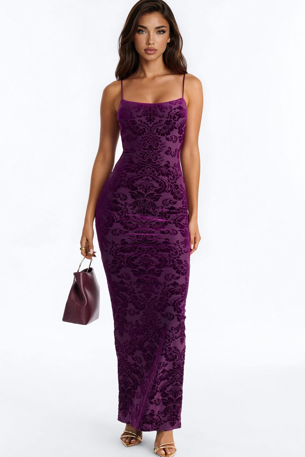 Out For Tonight Flocked Maxi Dress - Plum