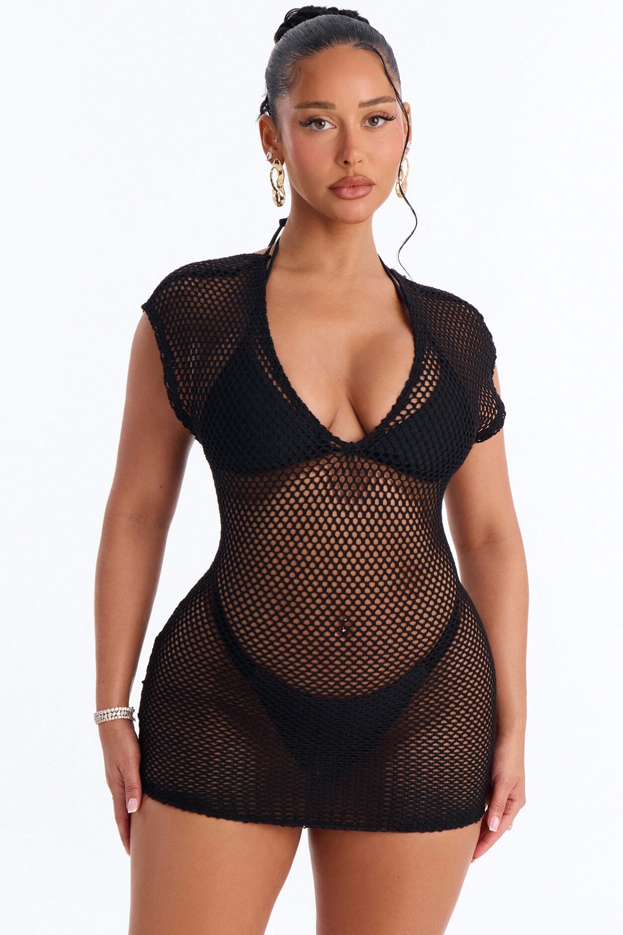 Heat Struck Short Sleeve Mini Swim Cover Up Dress - Black