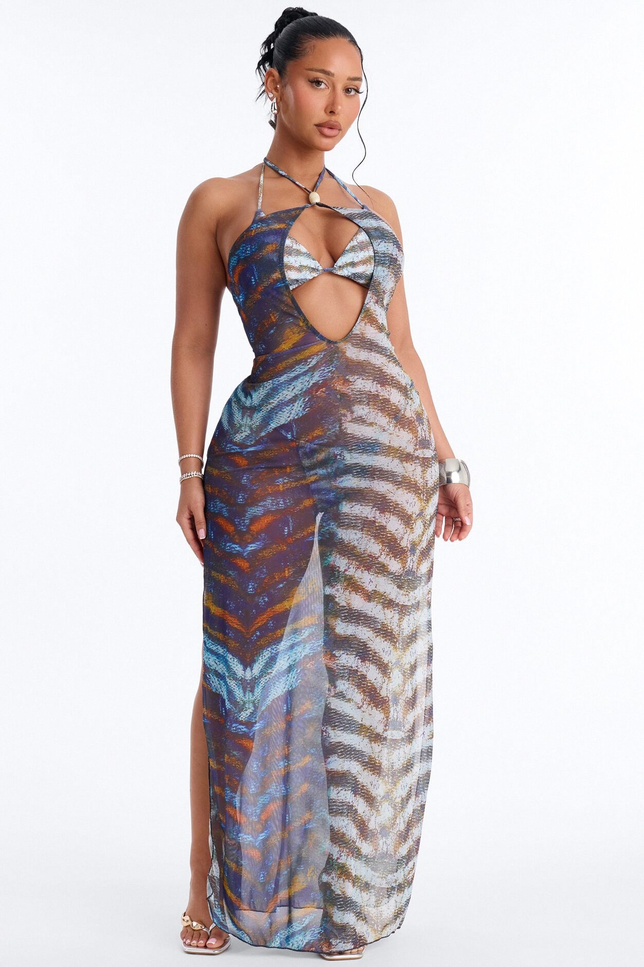 Cleo Animal 3 Piece Triangle Bikini & Mesh Cover Up Maxi Dress Sunsuit - Multi Color