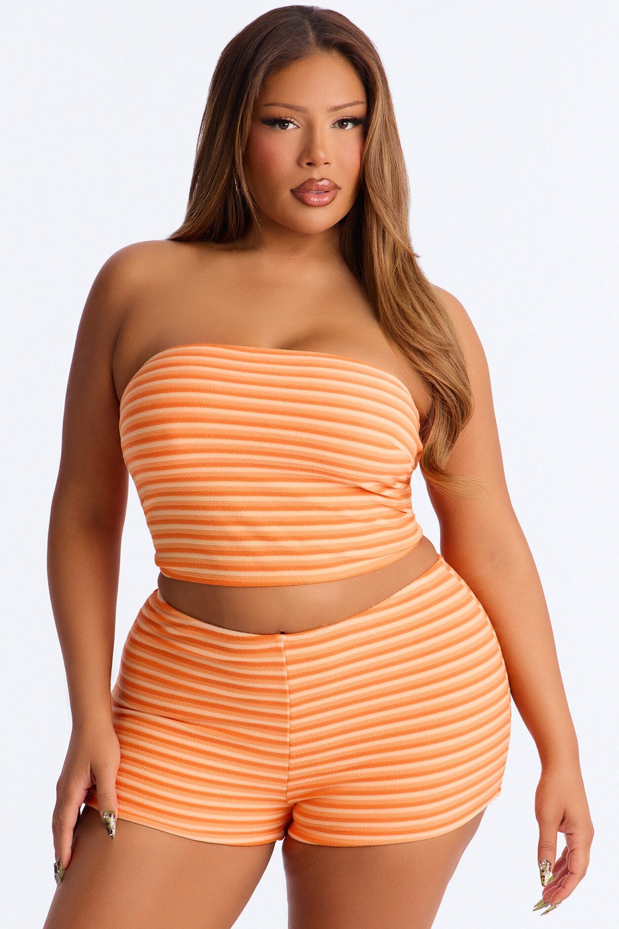 Ivana Striped 2 Piece Bandeau Bikini & Boy Short Set - Orange/combo