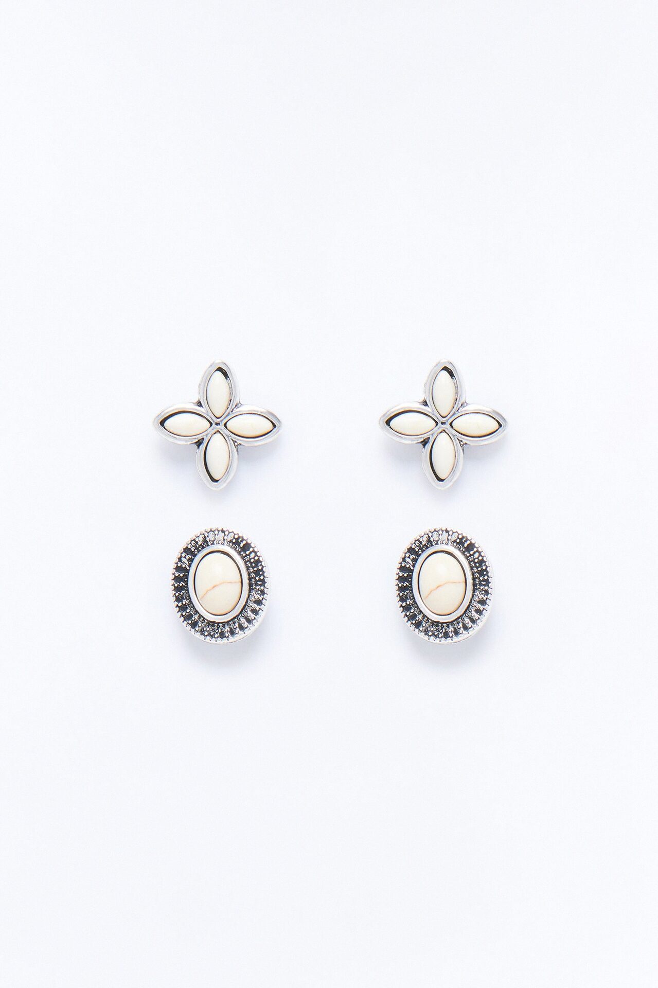 Jeweled Stone 2 Pair Earring Set - White/Silver