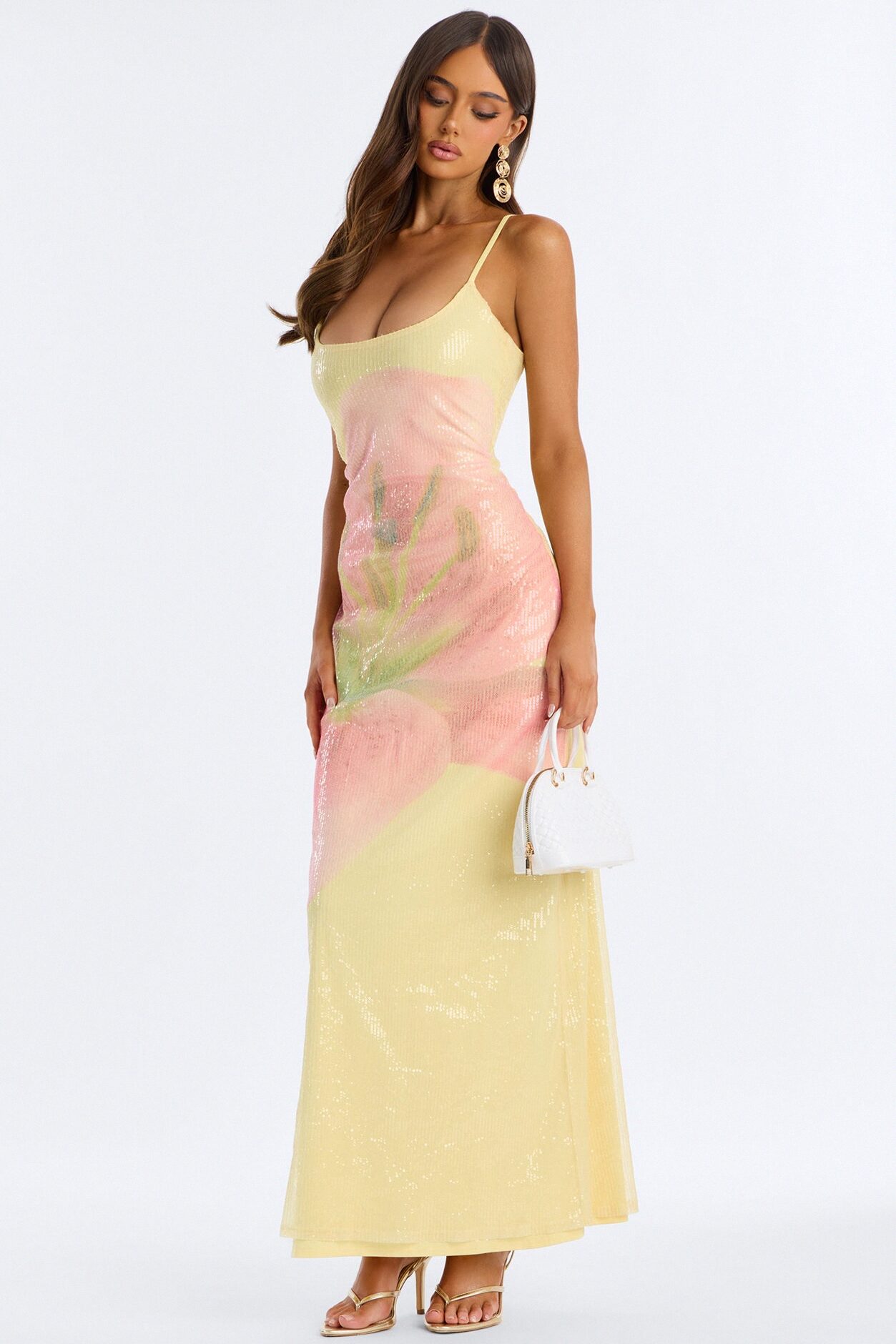 Sunset Bloom Floral Sequin Maxi Dress - Yellow/combo