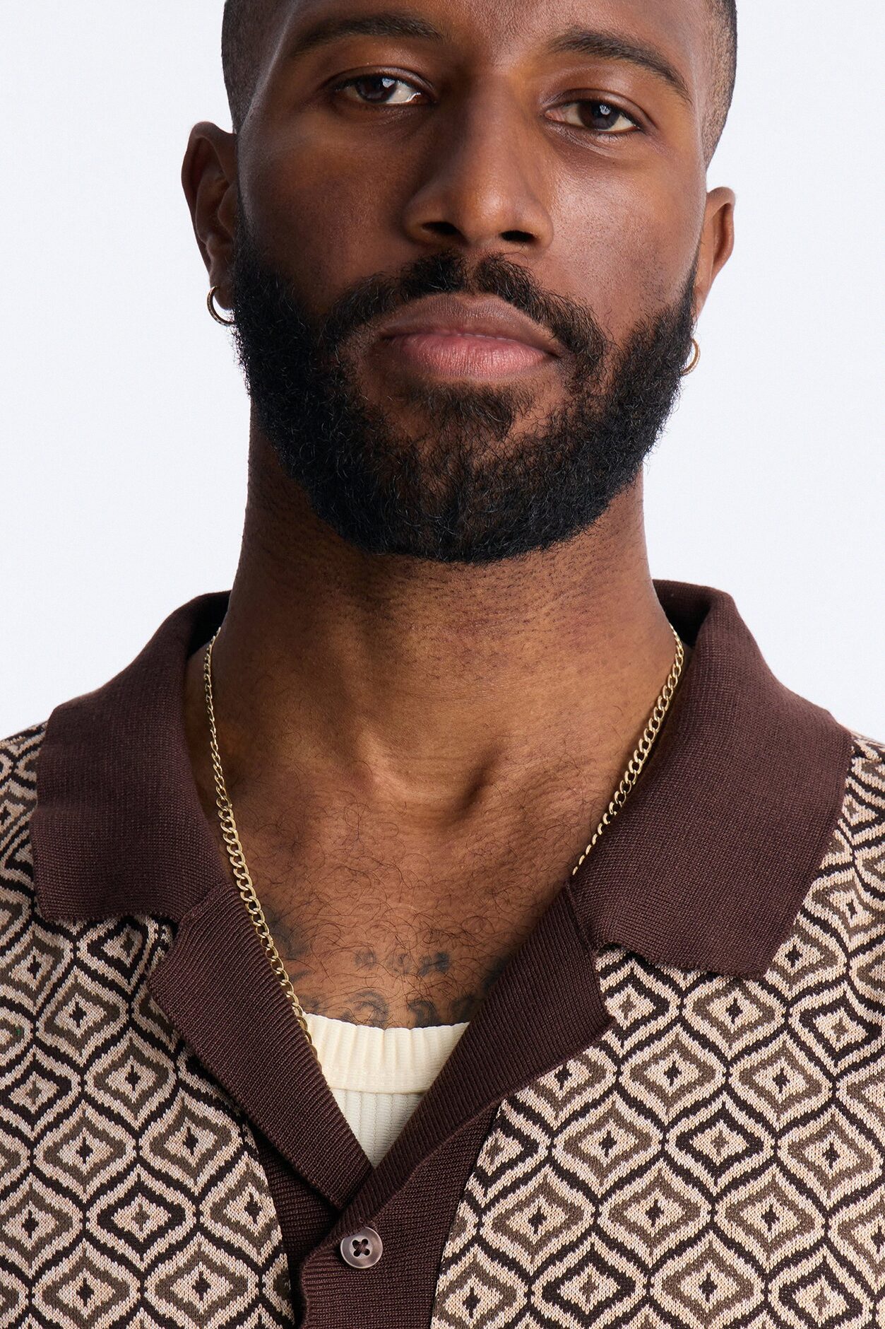 Geometric Jewel Jacquard Button Up Shirt - Brown