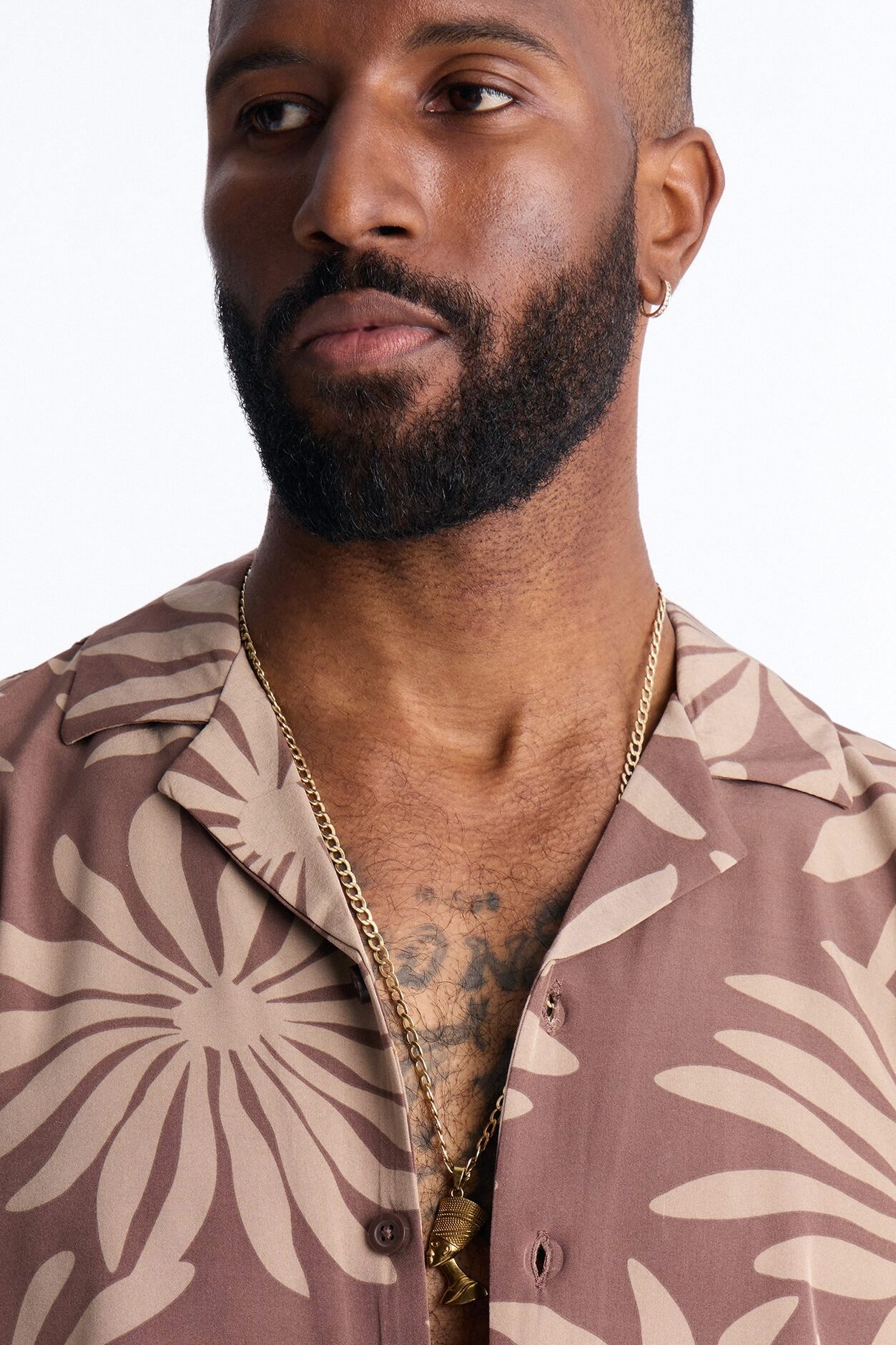 Relaxed Tulum Bloom Cuban Collar Button Up Shirt - Brown