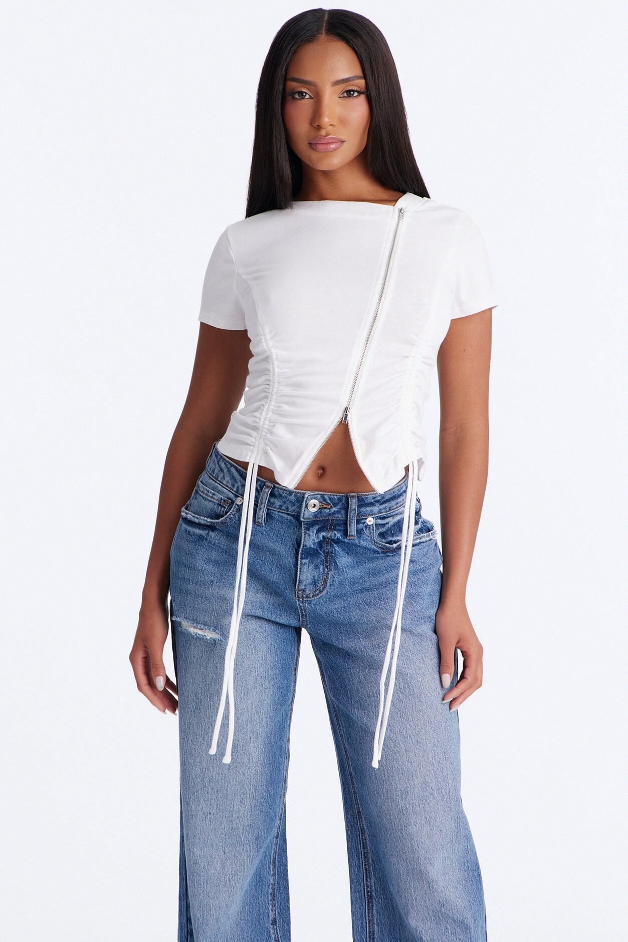 Unzip Me Ruched Short Sleeve Top - White