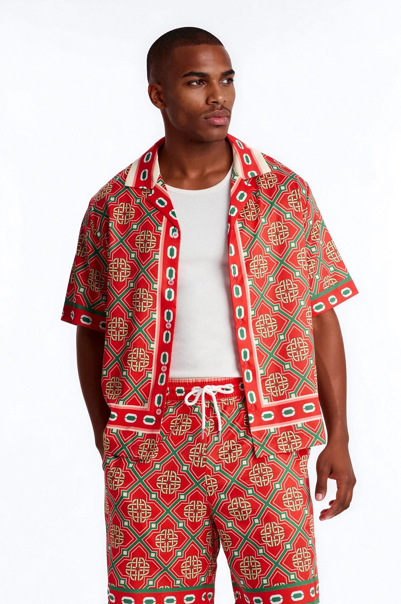 Royal Geometric Cuban Collar Button Up Shirt - Red/combo