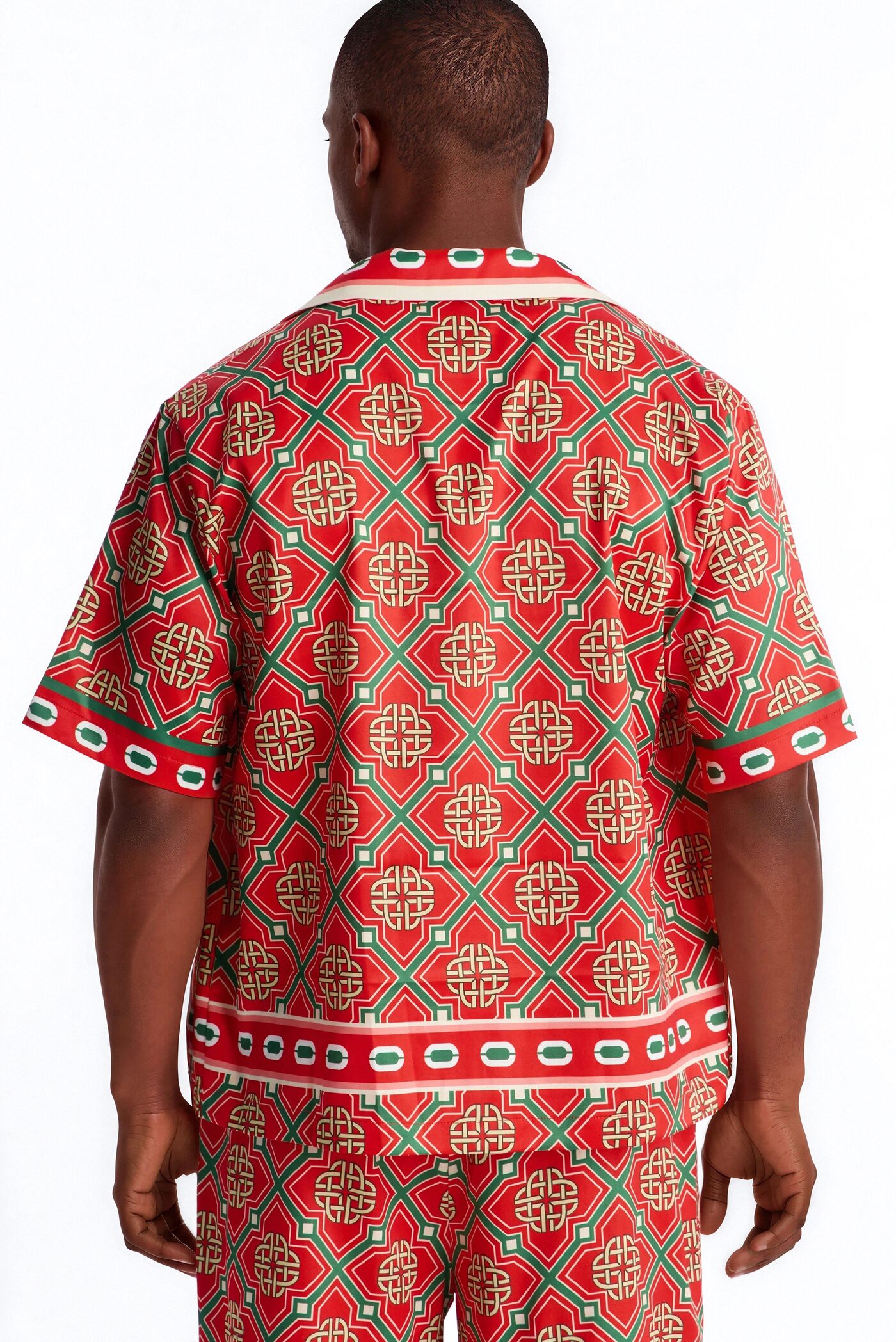 Royal Geometric Cuban Collar Button Up Shirt - Red/combo