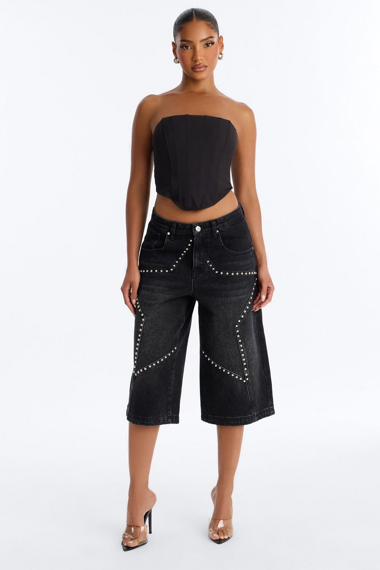 Starry Nights Studded Drop Waist Denim Culotte Jeans - Black Wash