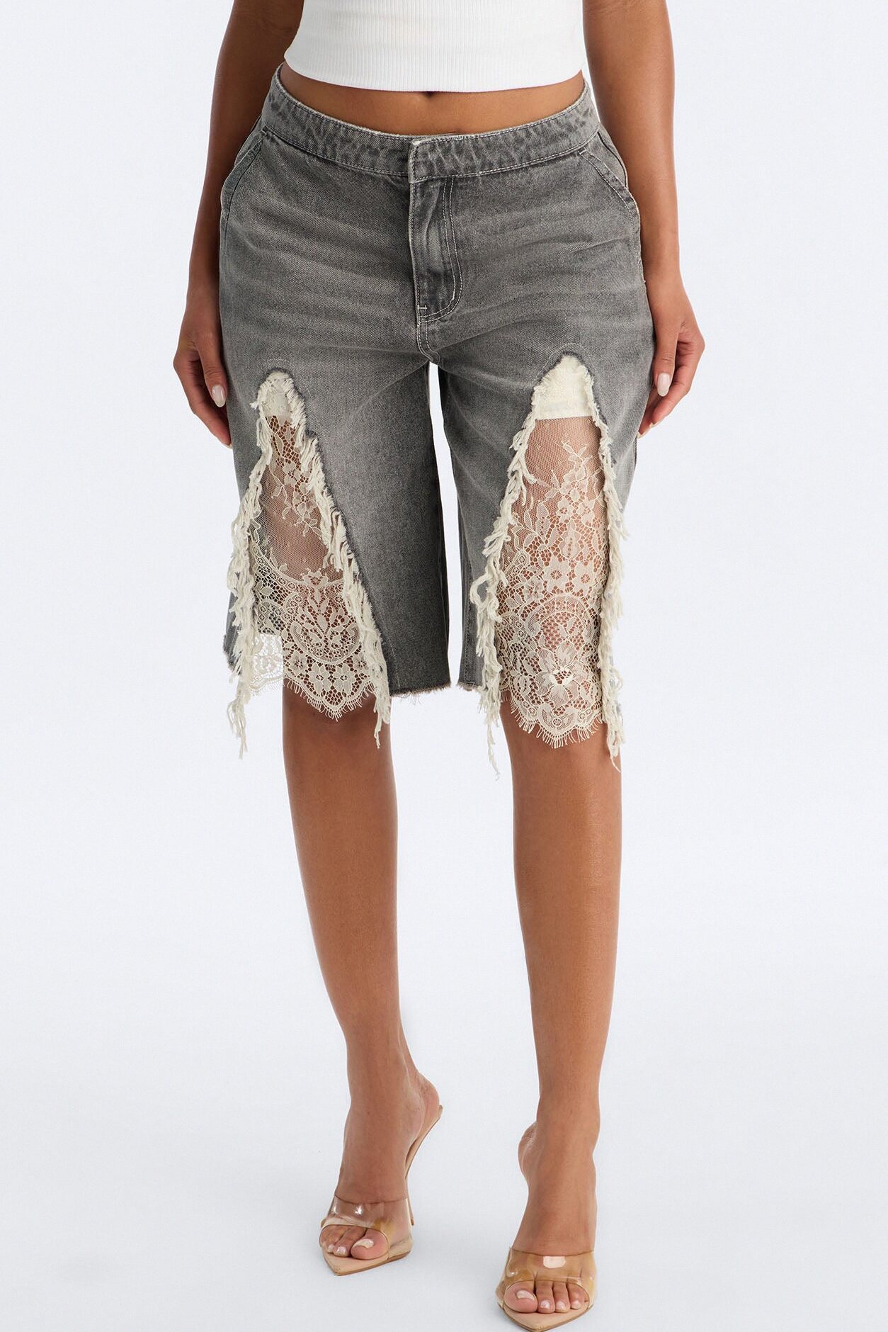 The Way It Goes Lace Detail Denim Jorts - Grey