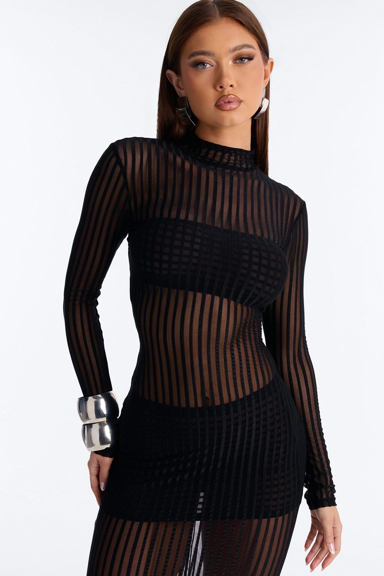 Bella Sheer Mesh Maxi Dress - Black