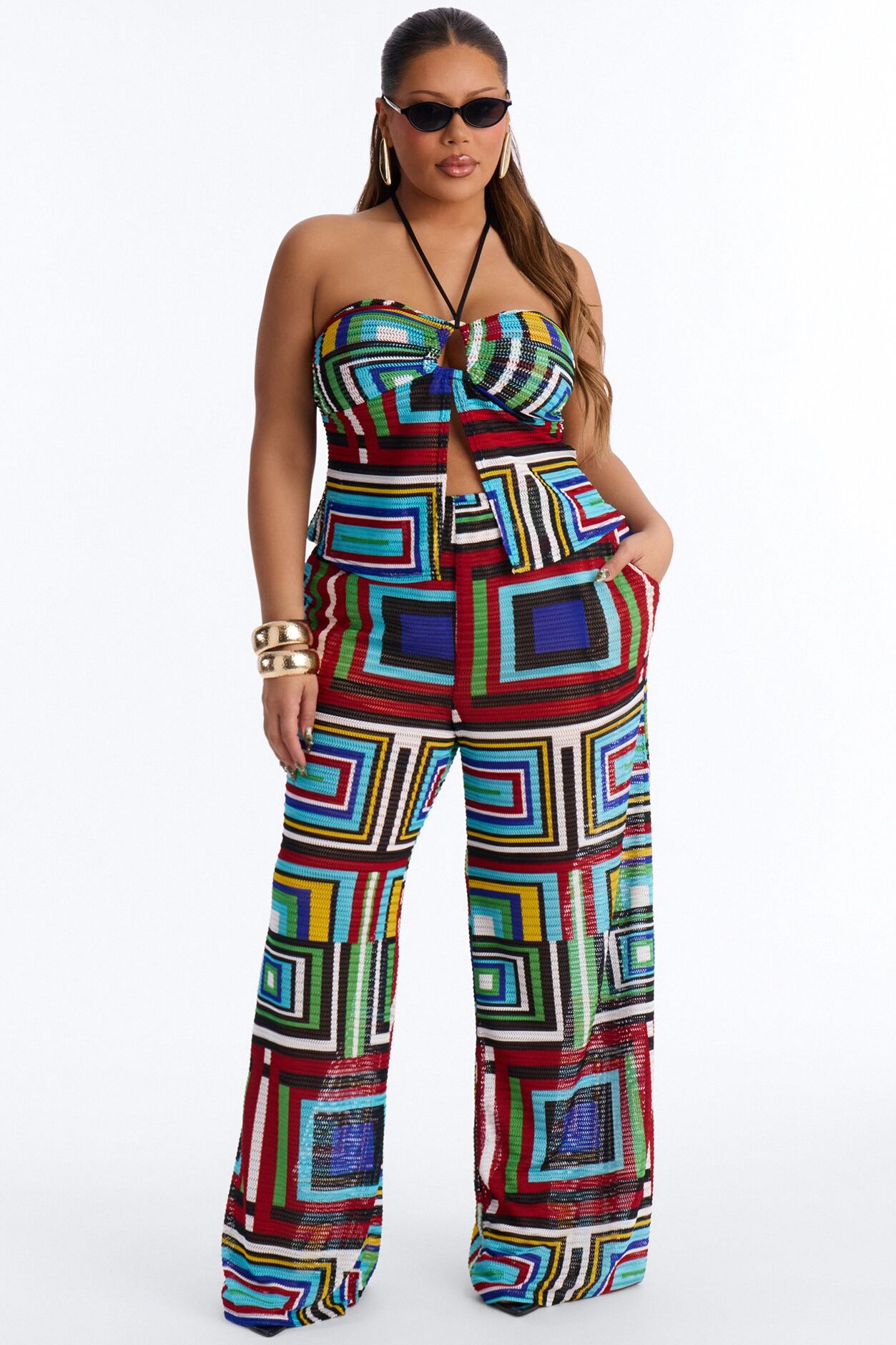 On Island Time Geometric Mesh Pant Set - Multi Color