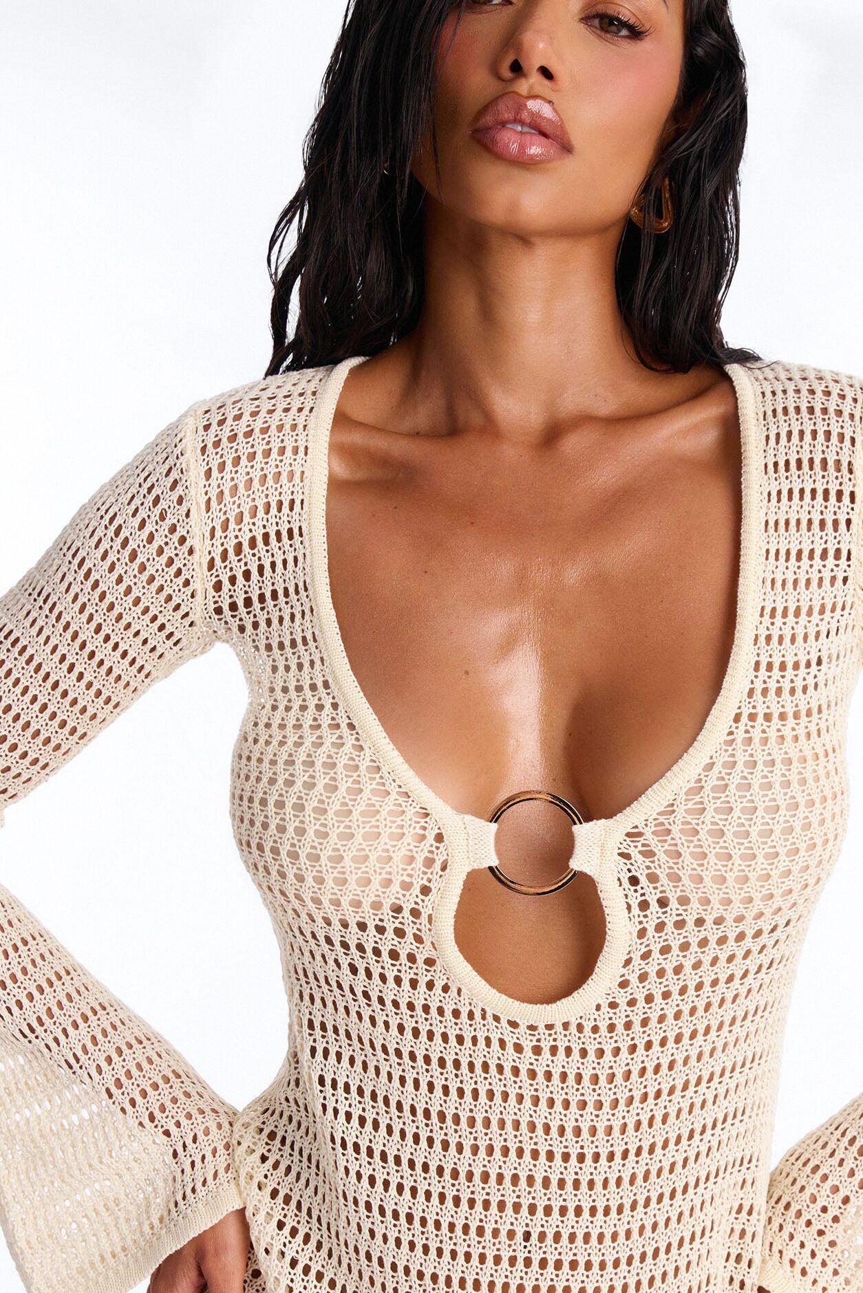 Clare Textured Long Sleeve O-Ring Swim Cover Up Dress - Cream