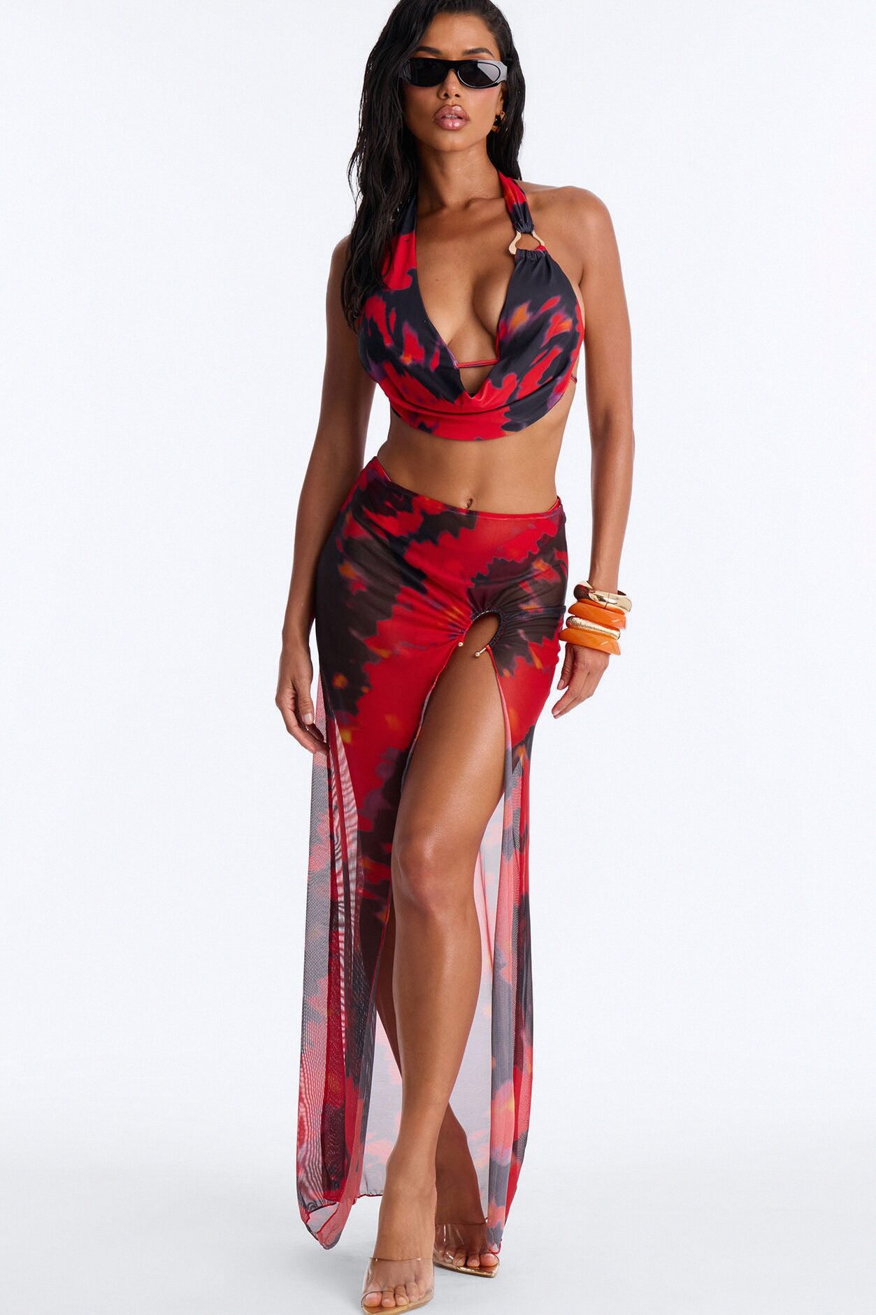 Late Night Crush 2 Piece Mesh Swim Cover Up Maxi Skirt Set - Multi Color
