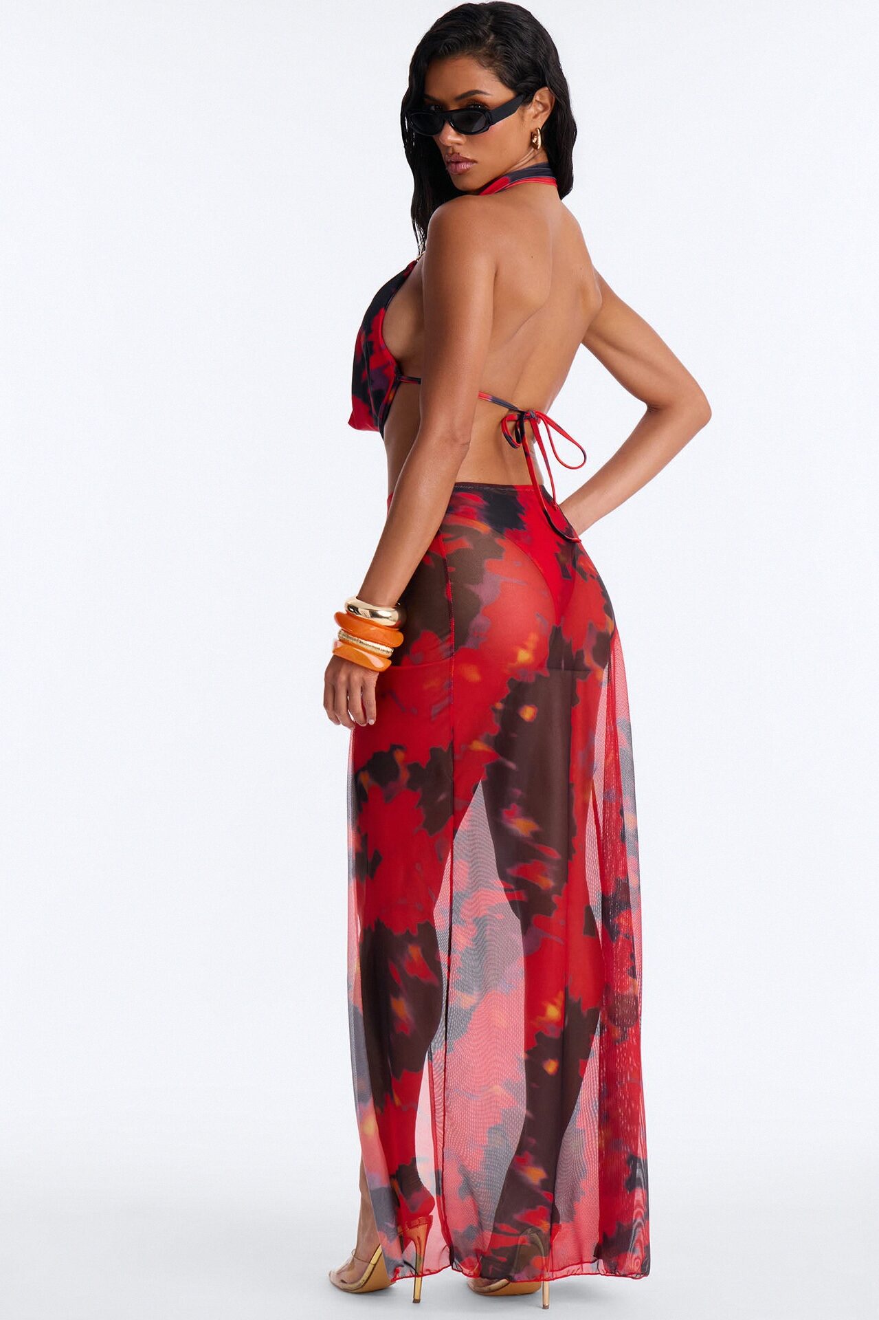Late Night Crush 2 Piece Mesh Swim Cover Up Maxi Skirt Set - Multi Color