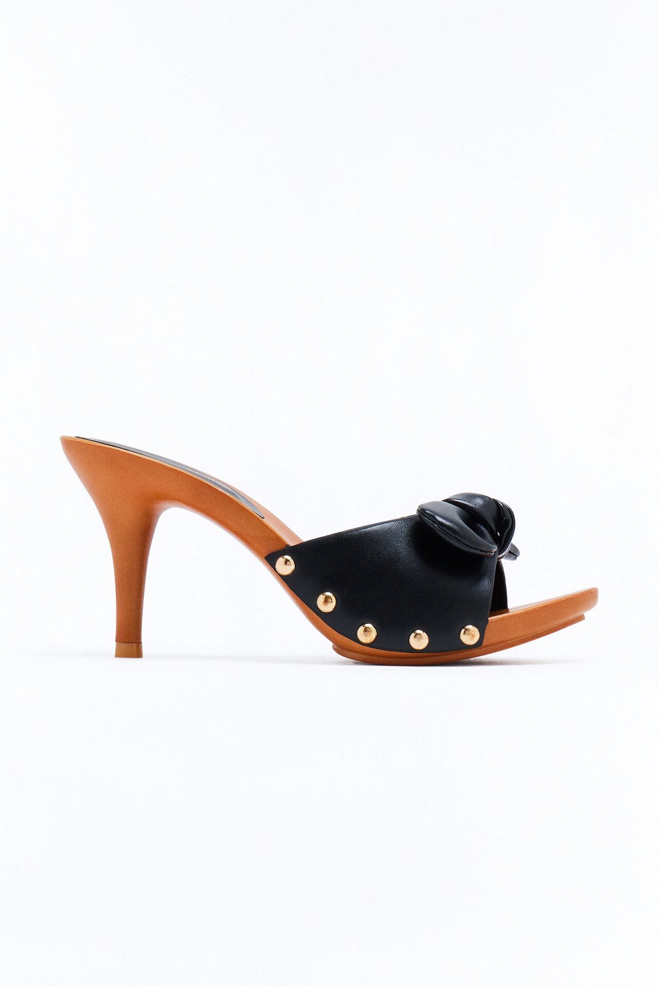 Reed Bow Studded Wood Heels - Black