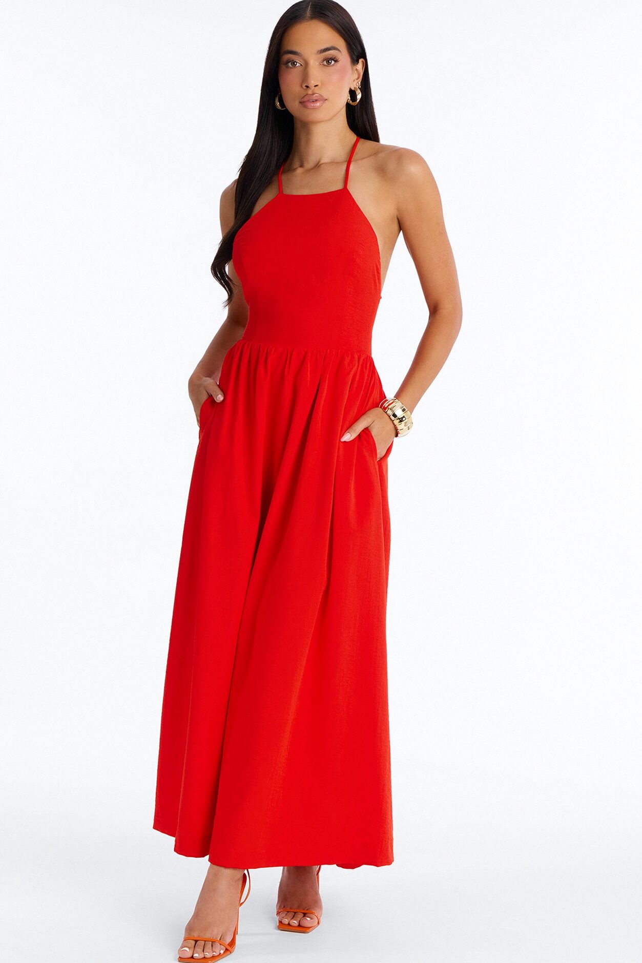 Kaylee Lace Up Back Maxi Dress - TomatoRed