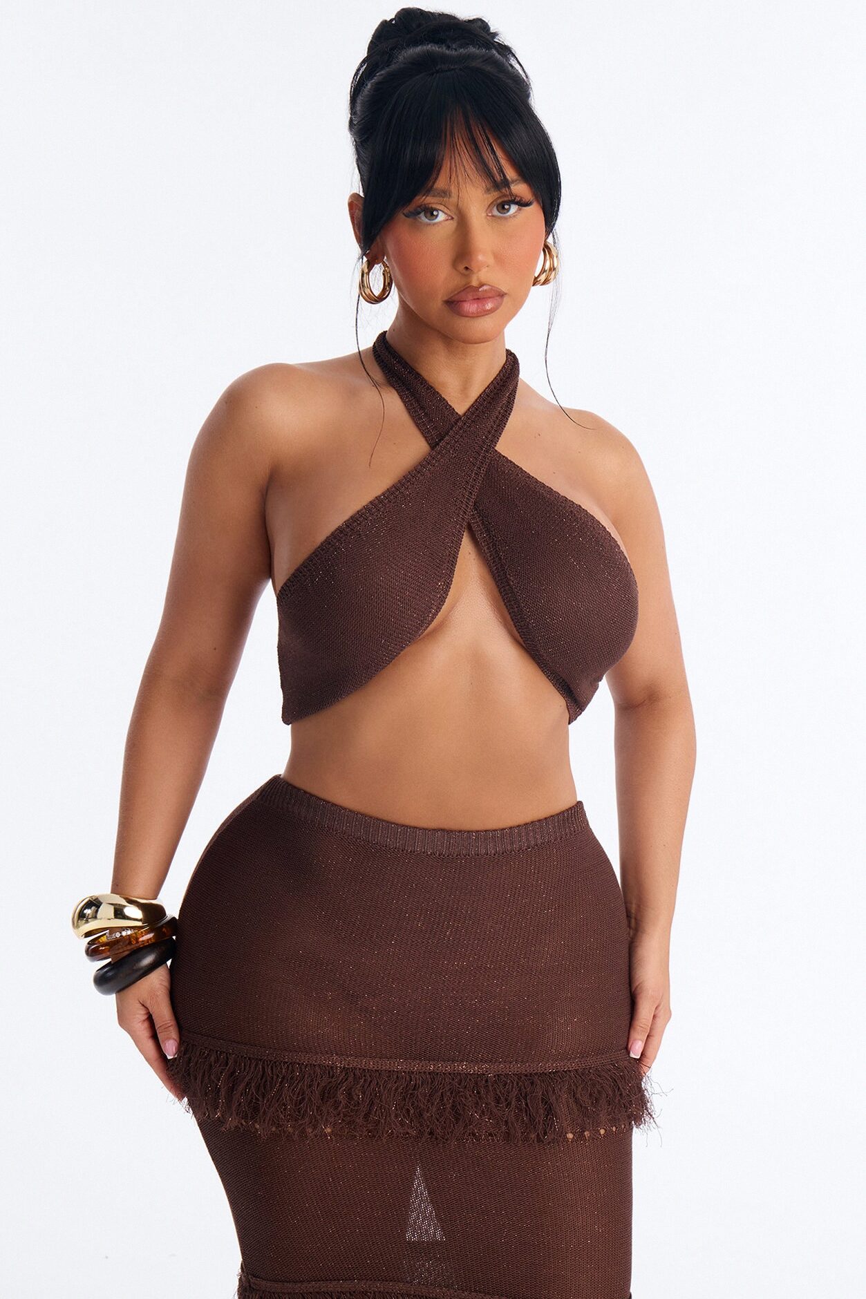 Lucia Fringed Crochet Skirt Set - Brown