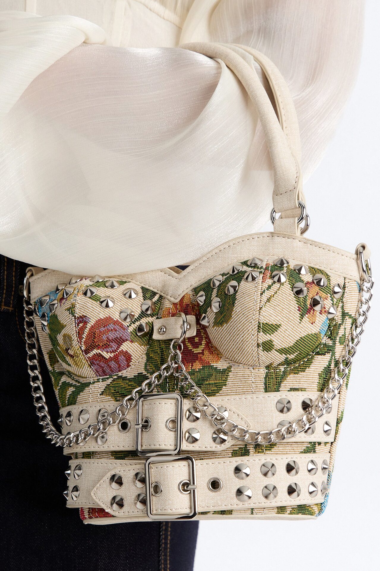 Good Graces Floral Studded Satchel Handbag - Ivory/combo