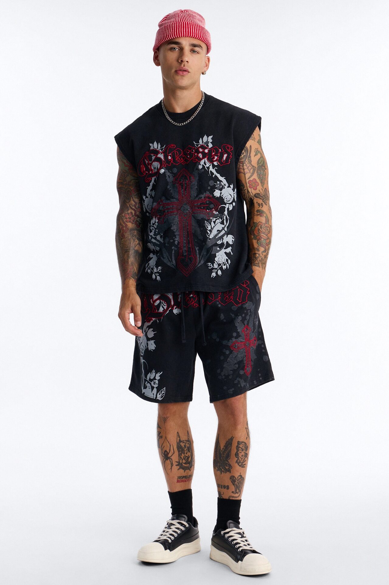 Blessed Roses Embroidered Patch French Terry Muscle Tee - Black Wash