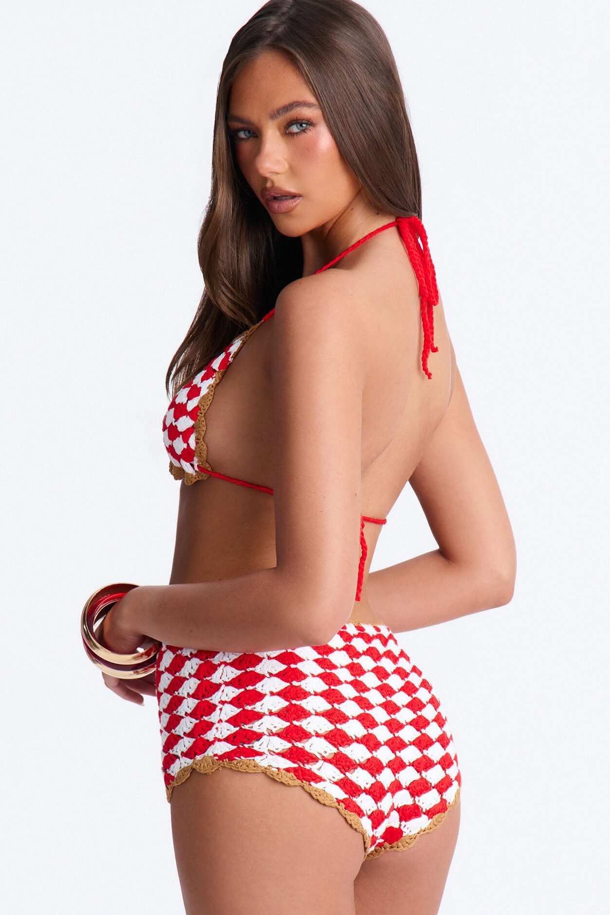 Sabine Gingham 2 Piece Crochet Triangle Bikini & Boyshort Bottom Set - Red/combo