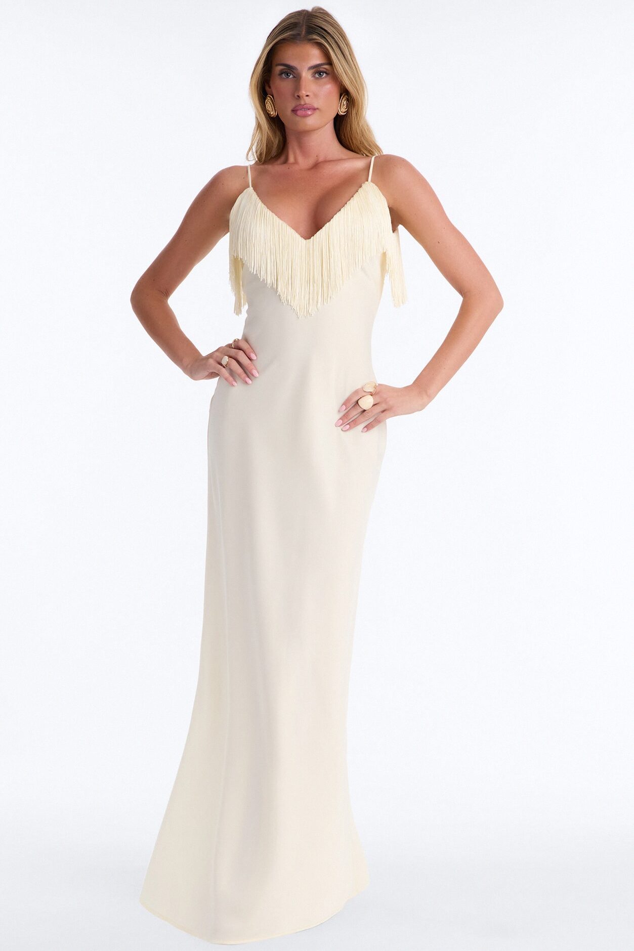 Brielle Satin Fringe Maxi Dress - Ivory
