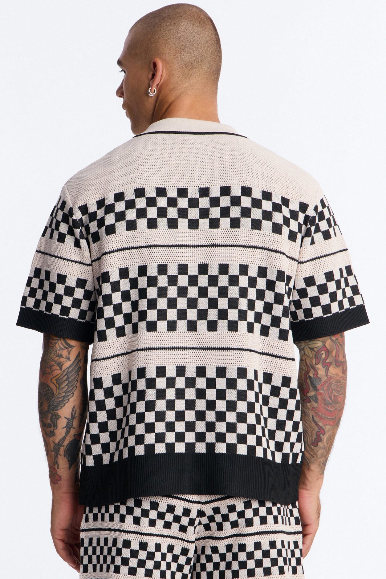 Knitted Pawn Checker Button Up Shirt - Black/combo