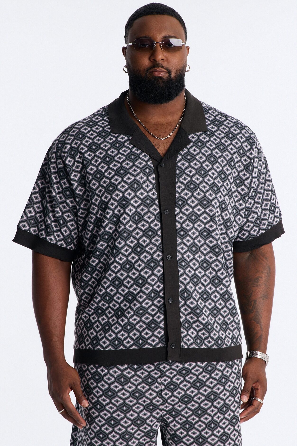 Geometric Jewel Jacquard Button Up Shirt - Grey
