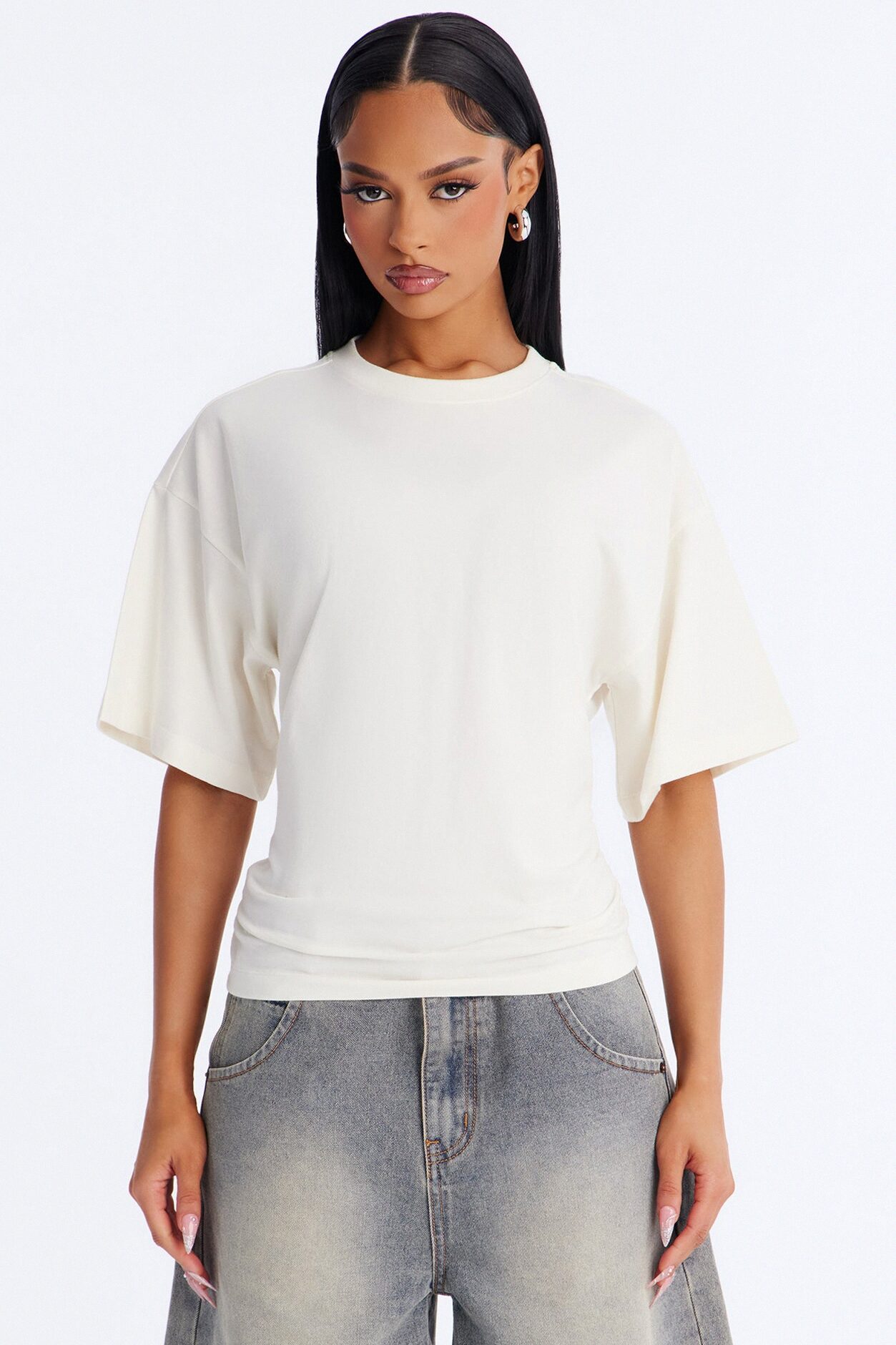 Nora Crew Neck Ruched Short Sleeve T-Shirt - Cream