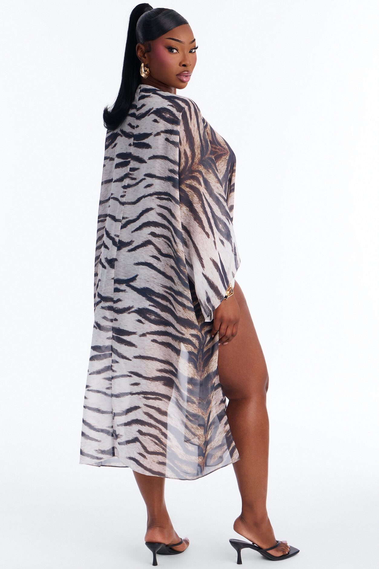 Wildin Out Long Sleeve Animal Print Cover Up Kimono - Brown/combo