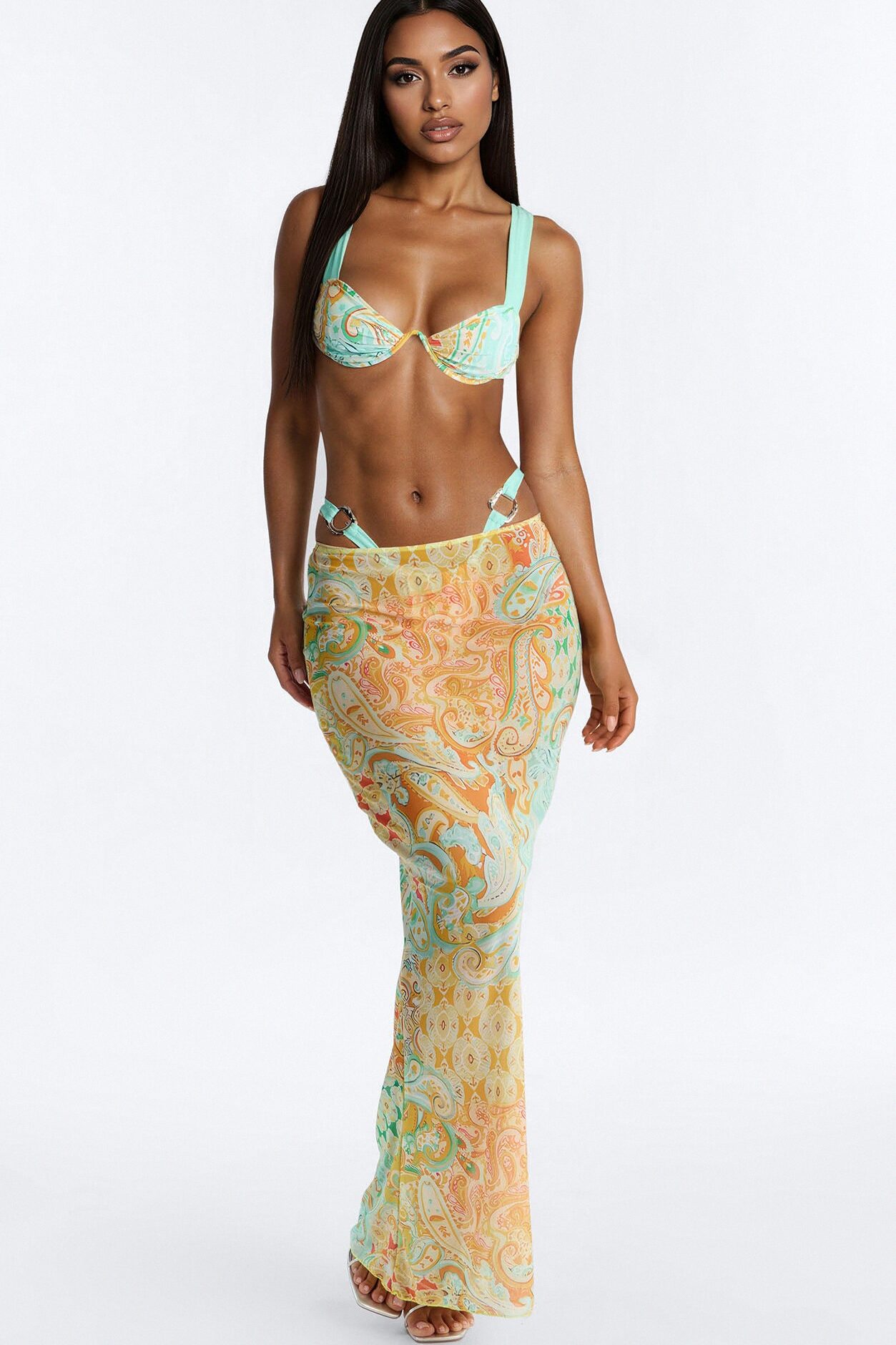Drea 3 Piece Paisley Print Bandeau Bikini & Mesh Cover Up Maxi Skirt Sunsuit - Multi Color