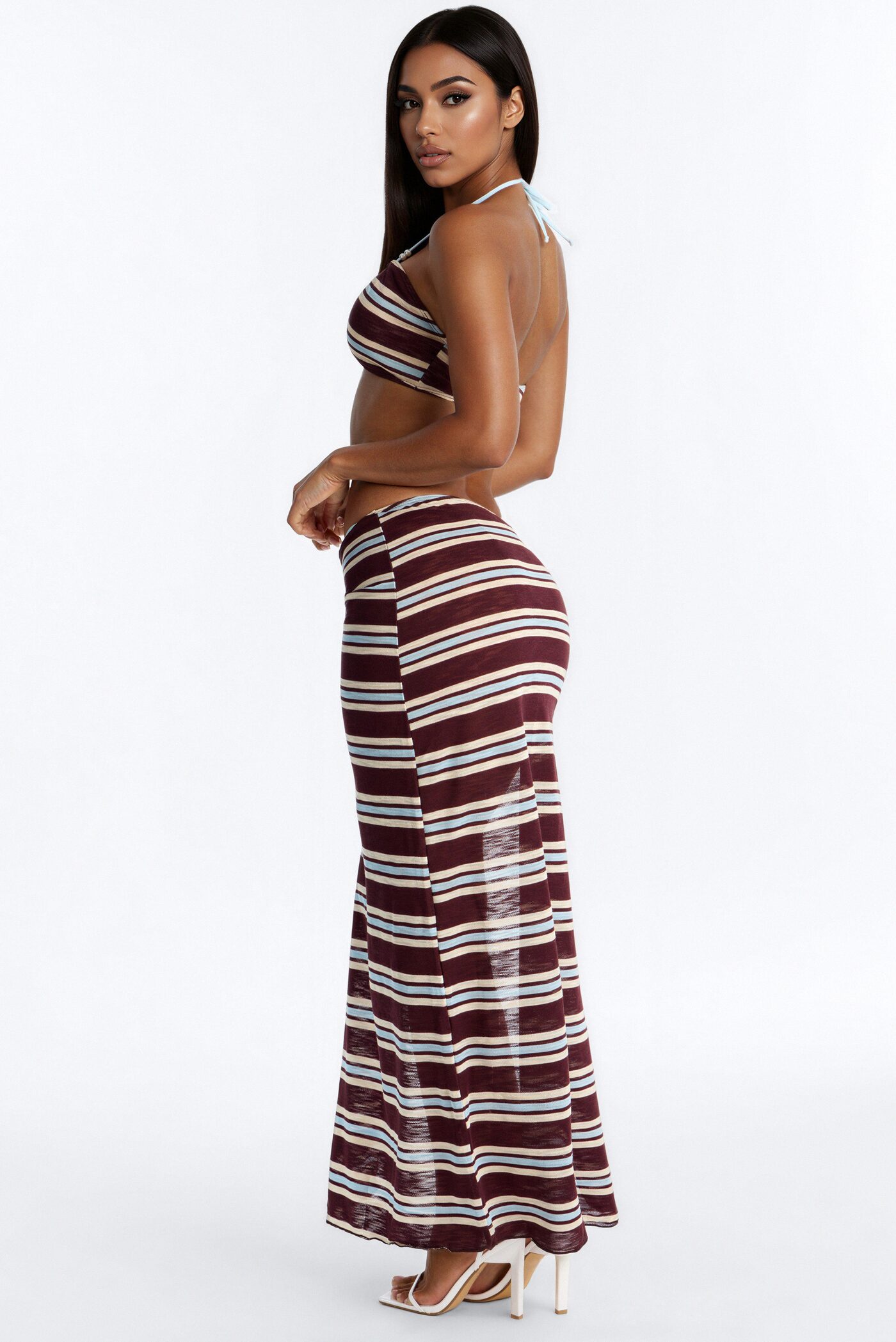 Nicolina Striped 3 Piece Bandeau Bikini & Cover Up Maxi Skirt Sunsuit - Brown/combo