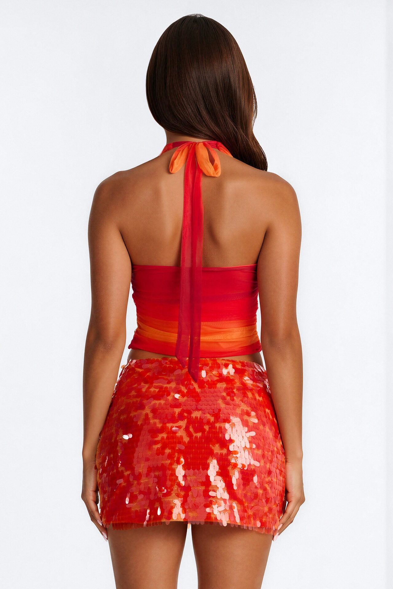Sunsets Ombre Mesh Deep V Neck Halter Top - Red/combo