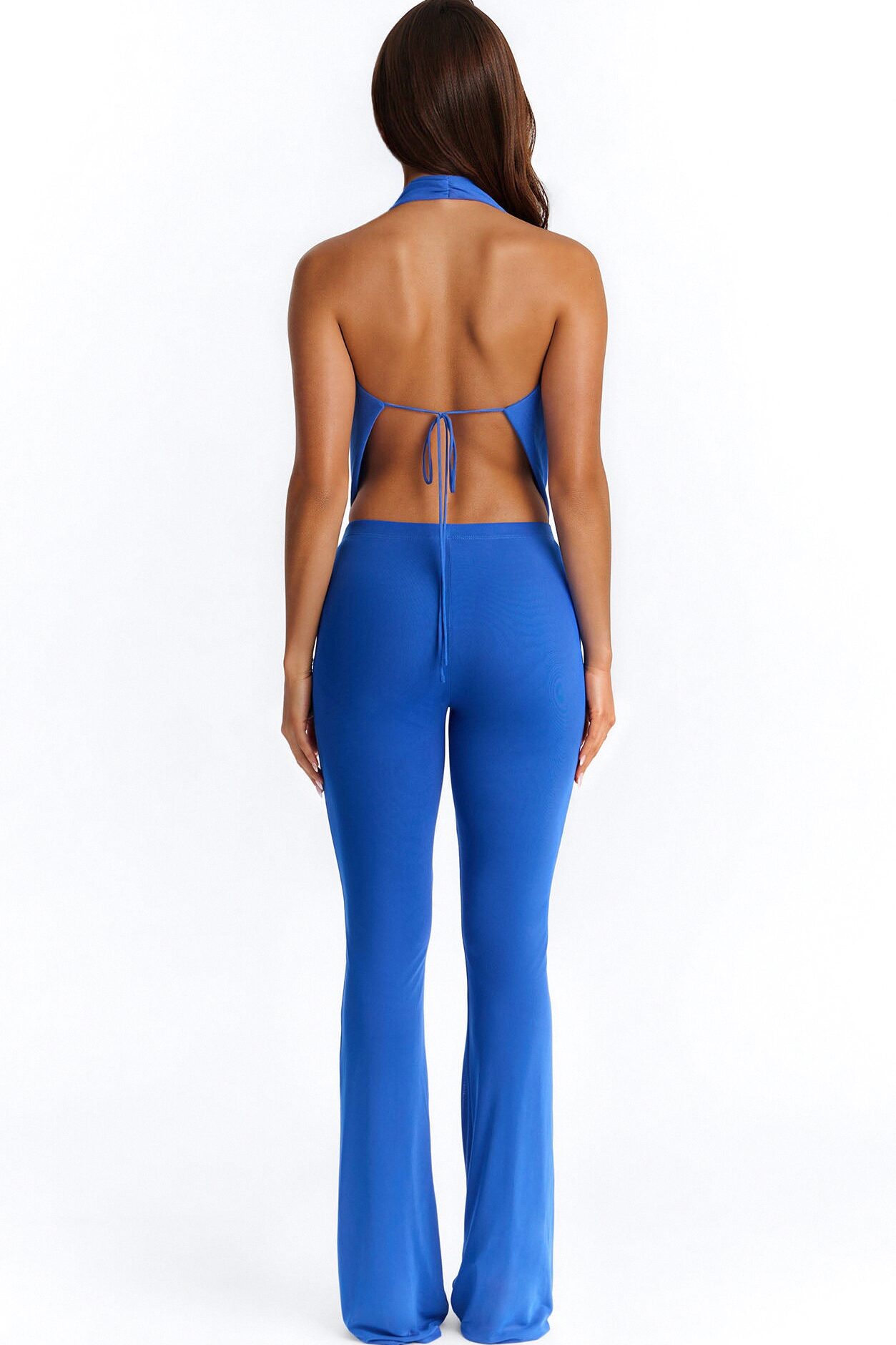 Shayna Cowl Halter Mesh Pant Set - Royal