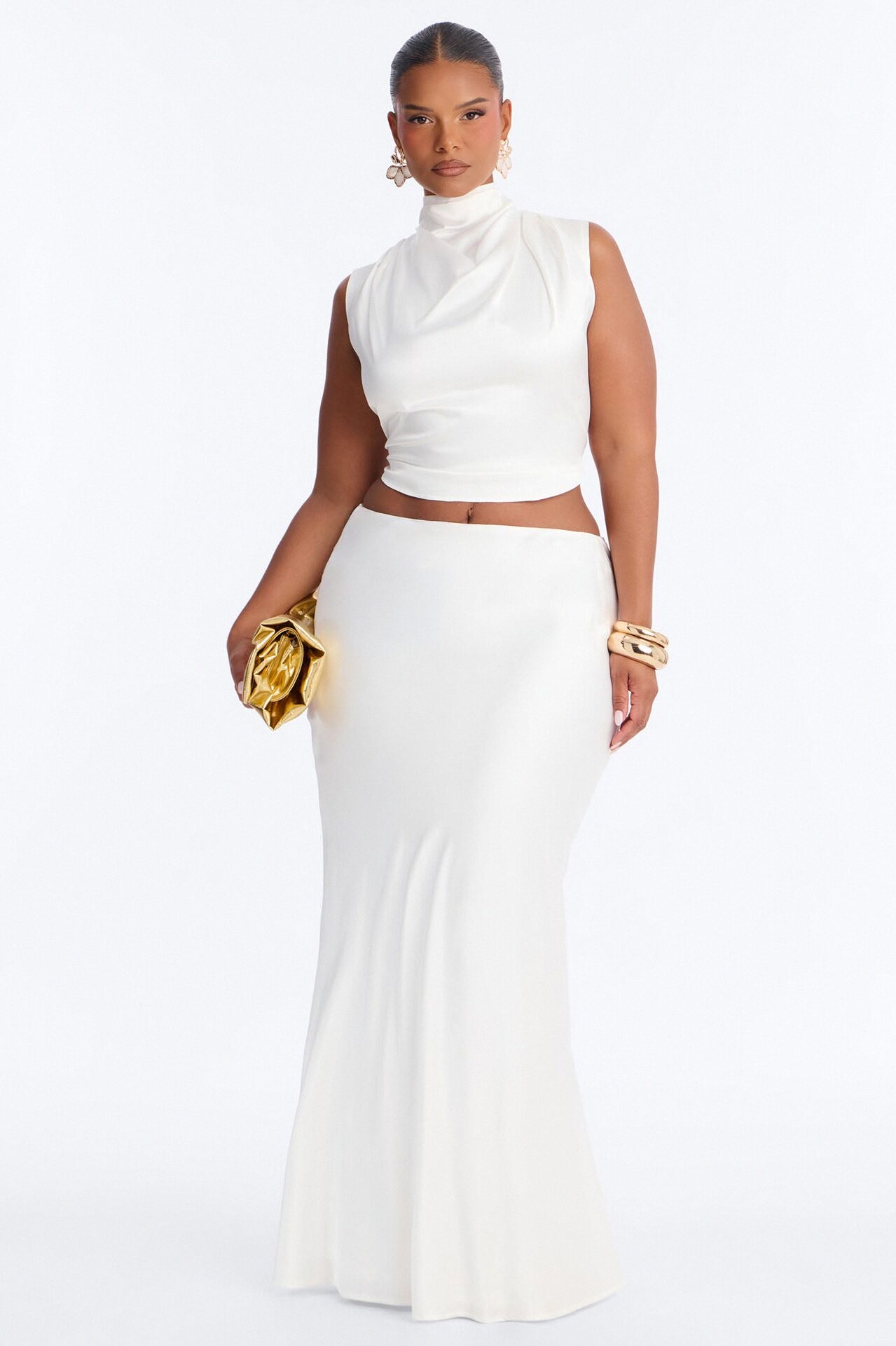 Serafina Satin Maxi Skirt Set - White