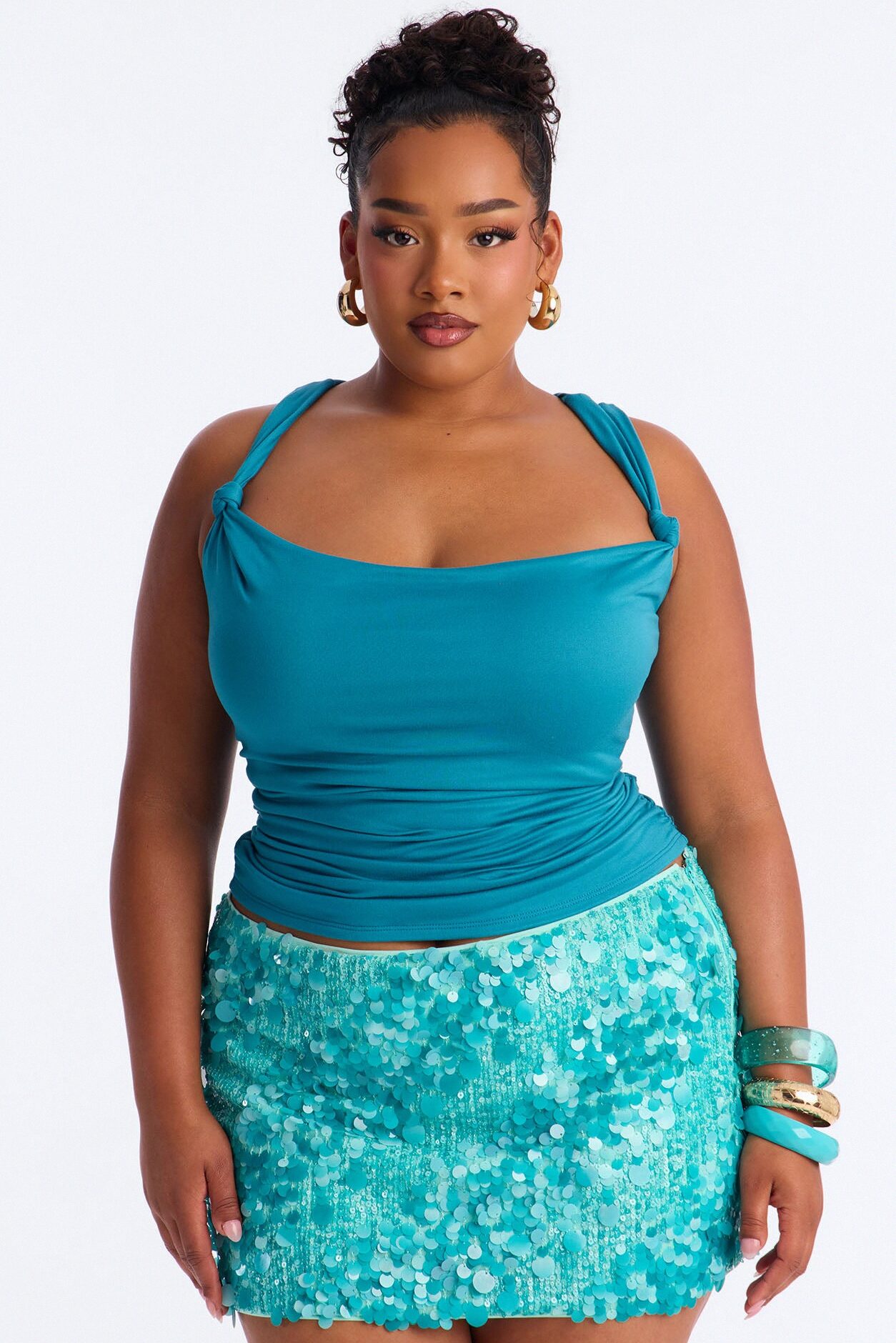 Pretty Persuasion Knot Cowl Neck Ruched Top - Teal