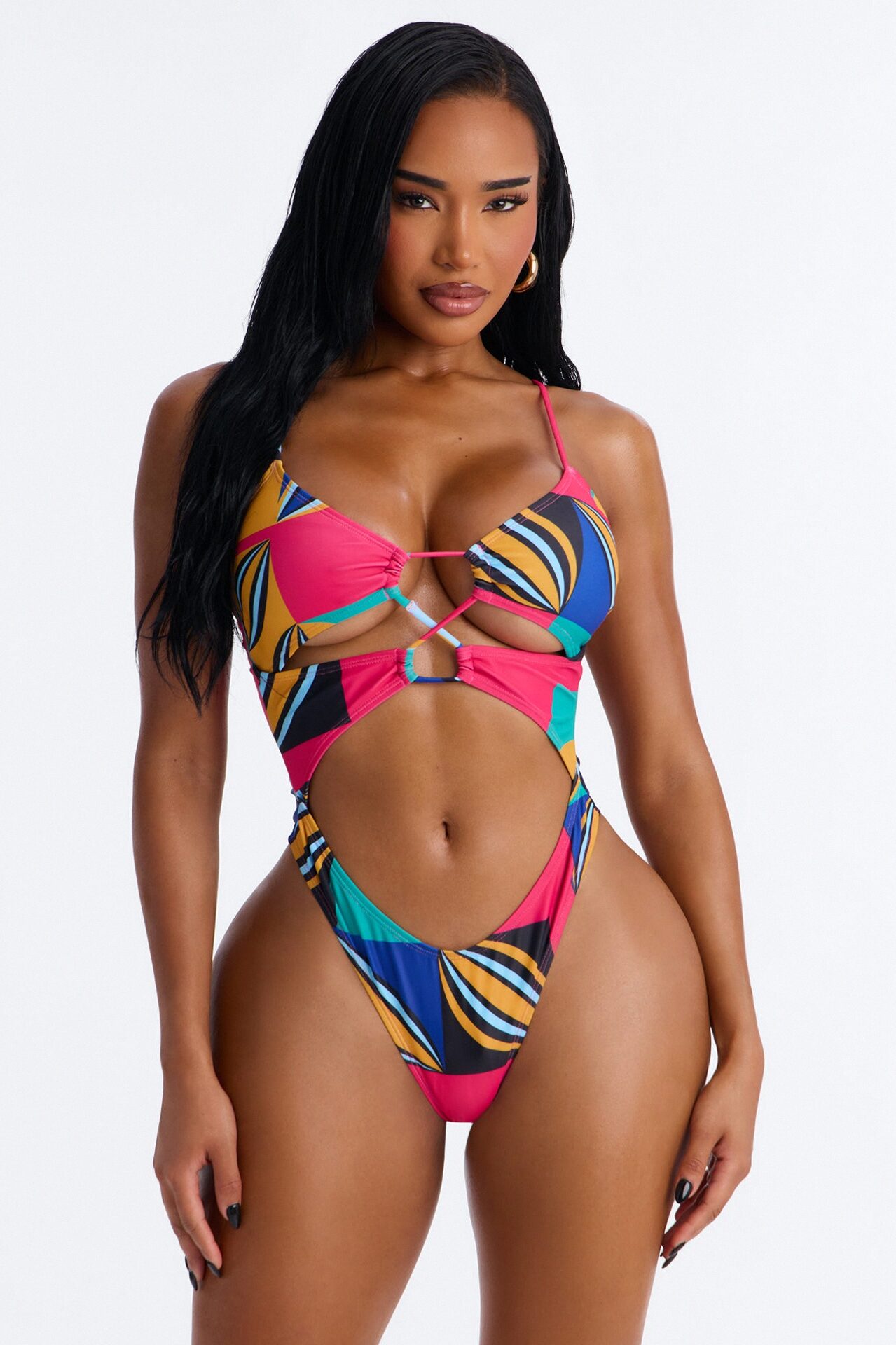Leila Abstract Cut Out 1 Piece Swimsuit With Swim Cover Up Kimono - Multi Color