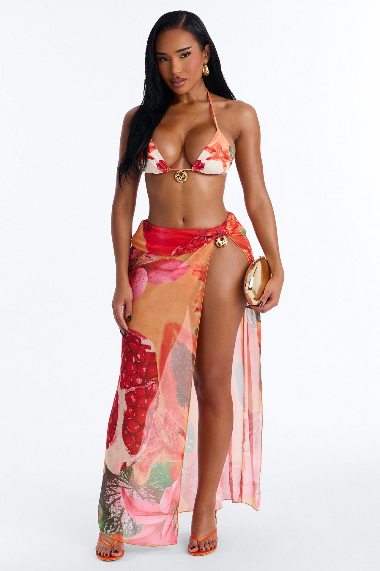 Shantel Tropical Print 3 Piece Triangle Bikini & Mesh Cover Up Maxi Skirt Sunsuit - Multi Color