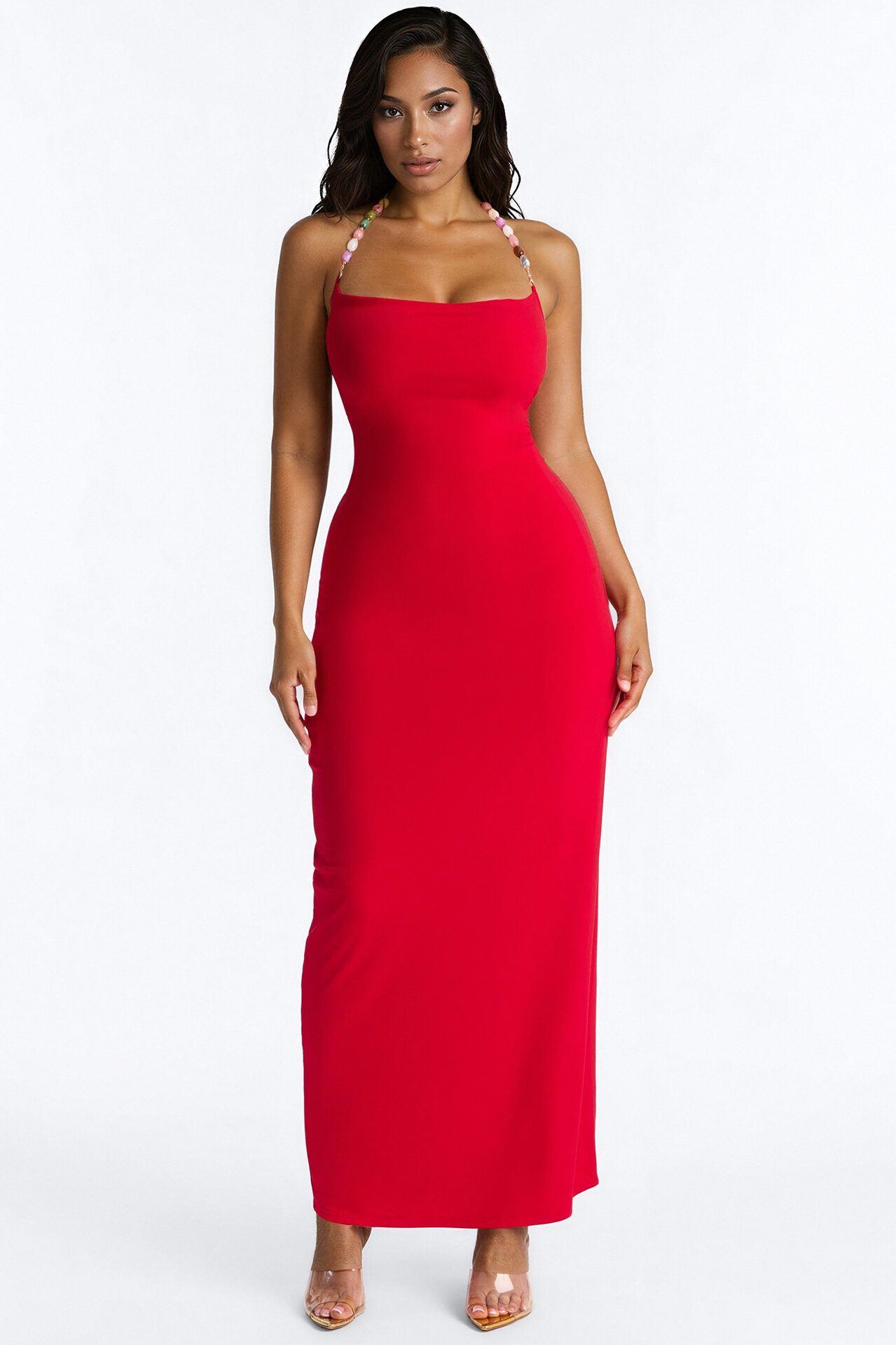 Leila Beaded Halter Maxi Dress - Red