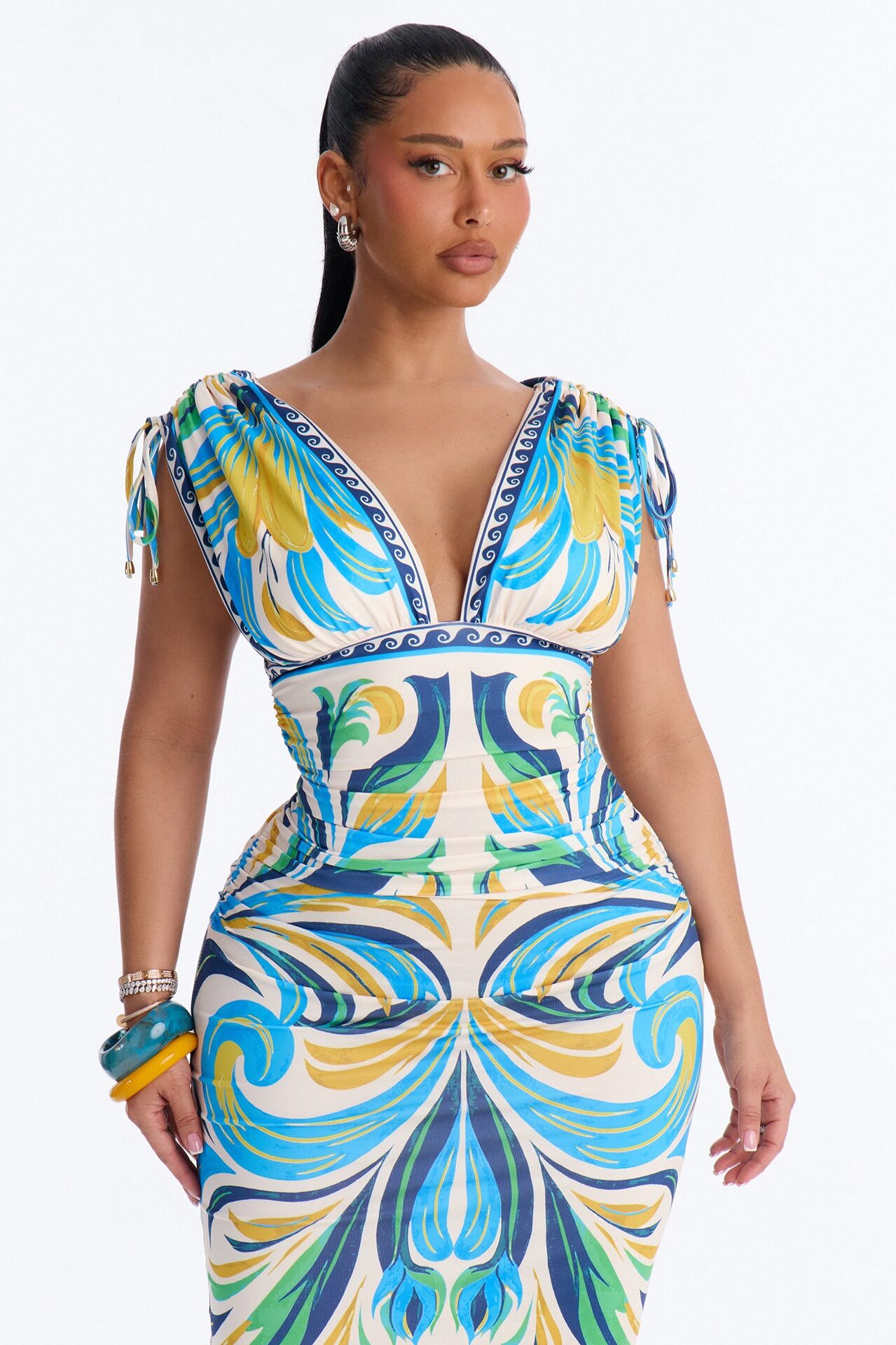 Alina Printed Ruched Midi Dress - Blue/combo
